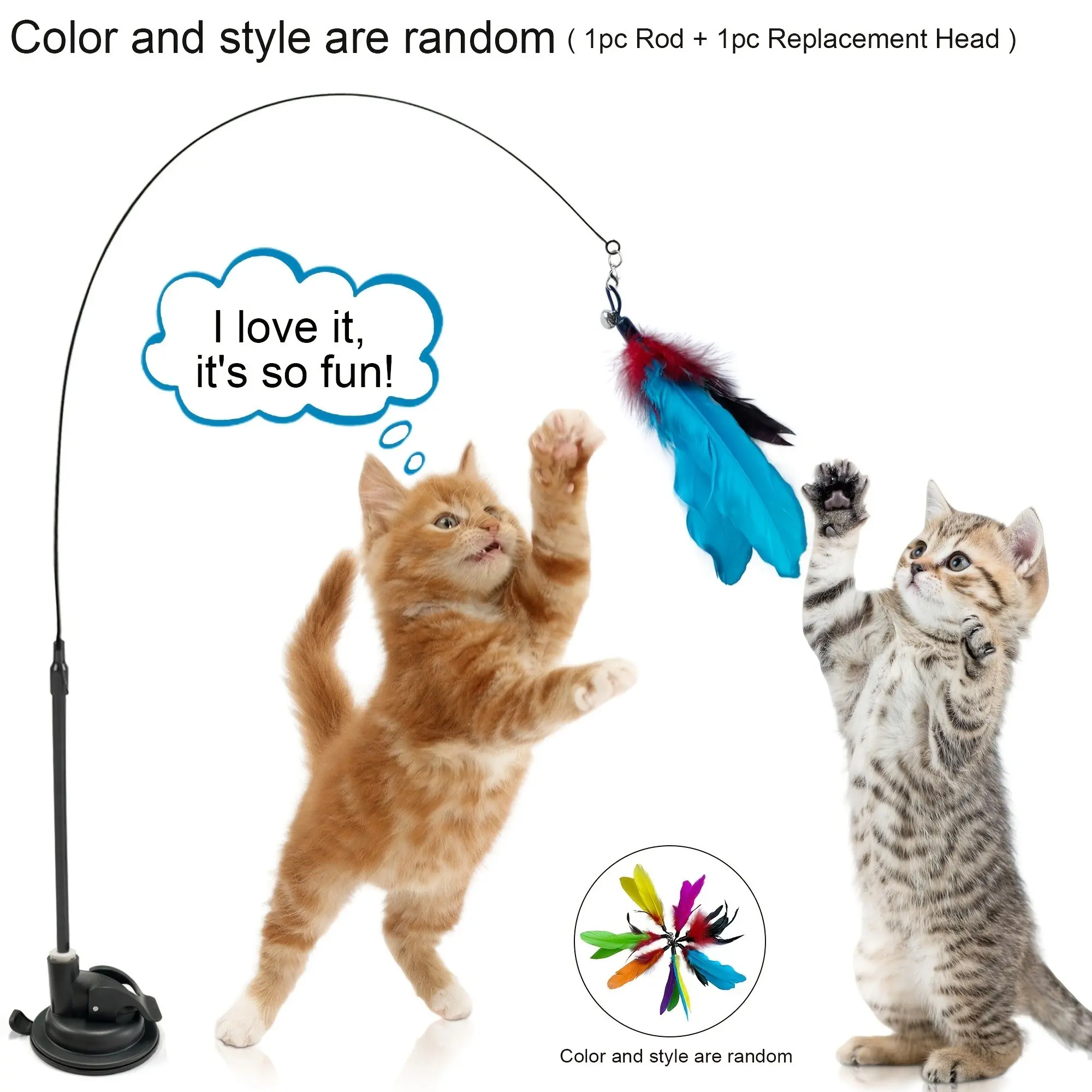 Cat Toy Set with Realistic Bird, Long Rod Dual Pole with Bell, Strong Suction Cup, Interactive Pet Toy for Cats, Artificial Feather, Random Color