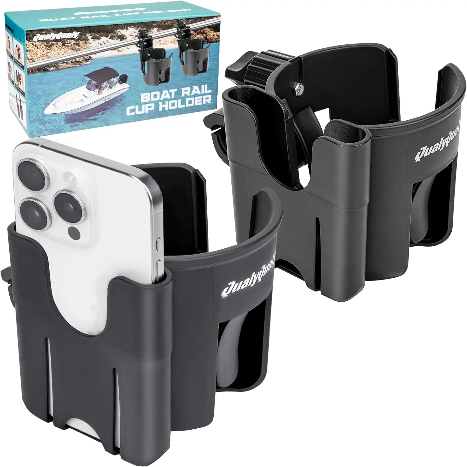 QualyQualy Boat Rail Cup Holder 2 Pack, No-Drill Clamp-On Marine Cup Holders 360° Adjustable for Pontoon Boat, Bimini Top, Grab Bar, PWC, Jet Ski, Fits Round & Square Rails 15-40mm, Boat Gifts for Men
