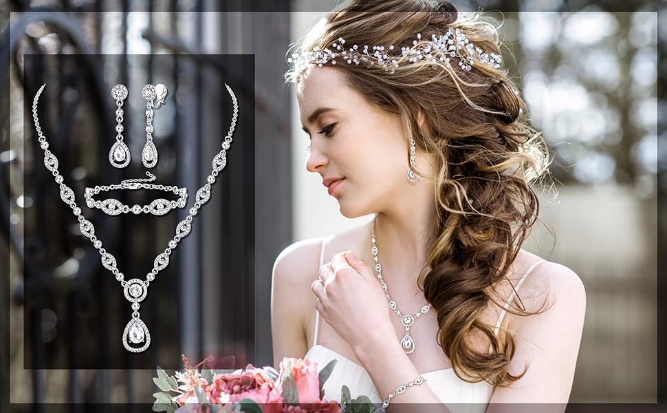FIBO STEEL Luxurious Bridal CZ Jewelry Set for Women Wedding Party Prom Bridesmaid Teardrop Pendant Earrings Necklace Bracelets Eco-friendly Alloy Sparkling CZ Adjustable Size Ideal Gift FIBO STEEL Luxurious Bridal CZ Jewelry Set for Women Wedding Party Prom Bridesmaid Teardrop Pendant Earrings Necklace Bracelets Eco-friendly Alloy Sparkling CZ Adjustable Size Ideal Gift