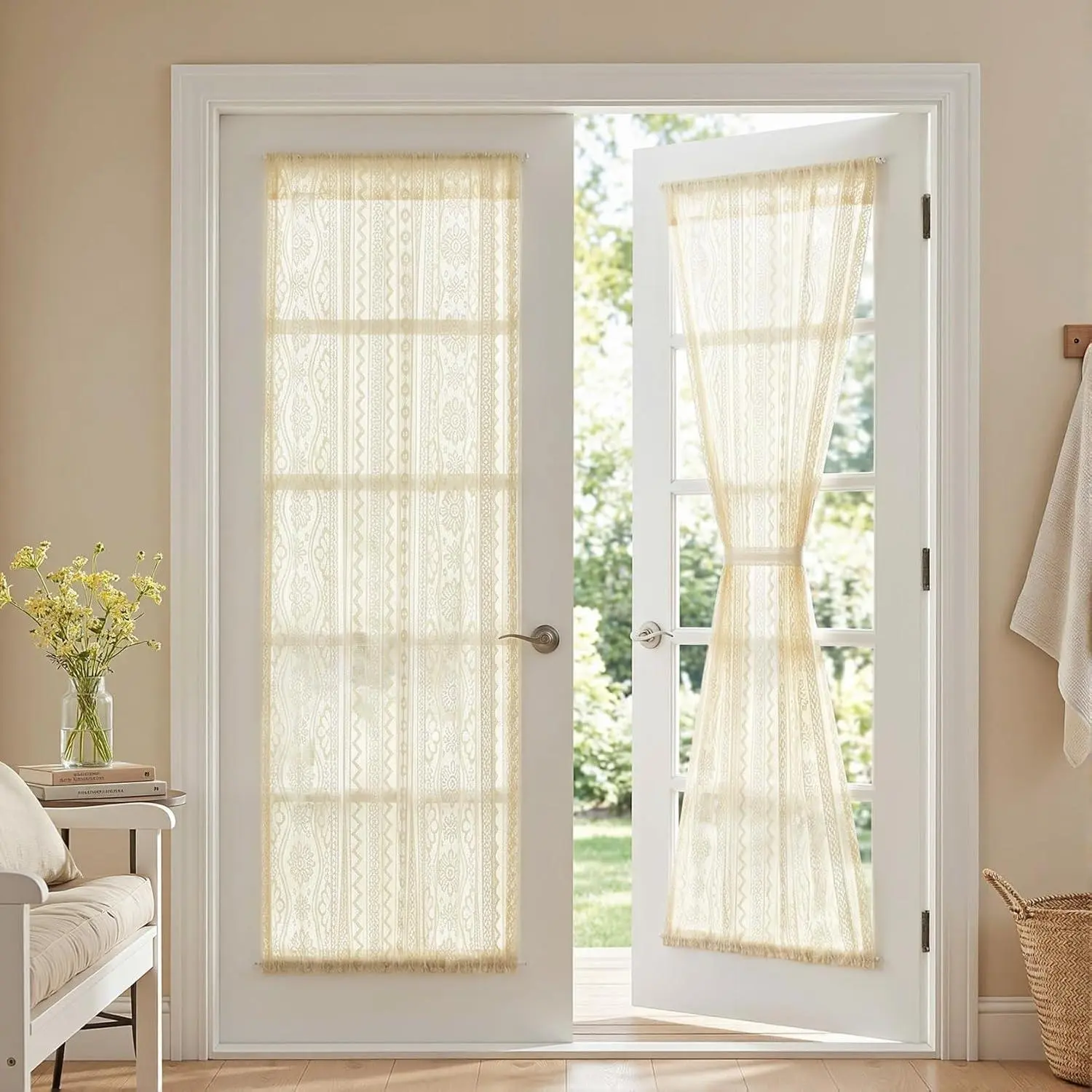 Lace Sheer French Door Curtains 72in 2 Panels Scalloped Floral Sidelight Curtains 26" Wide Each With Tiebacks