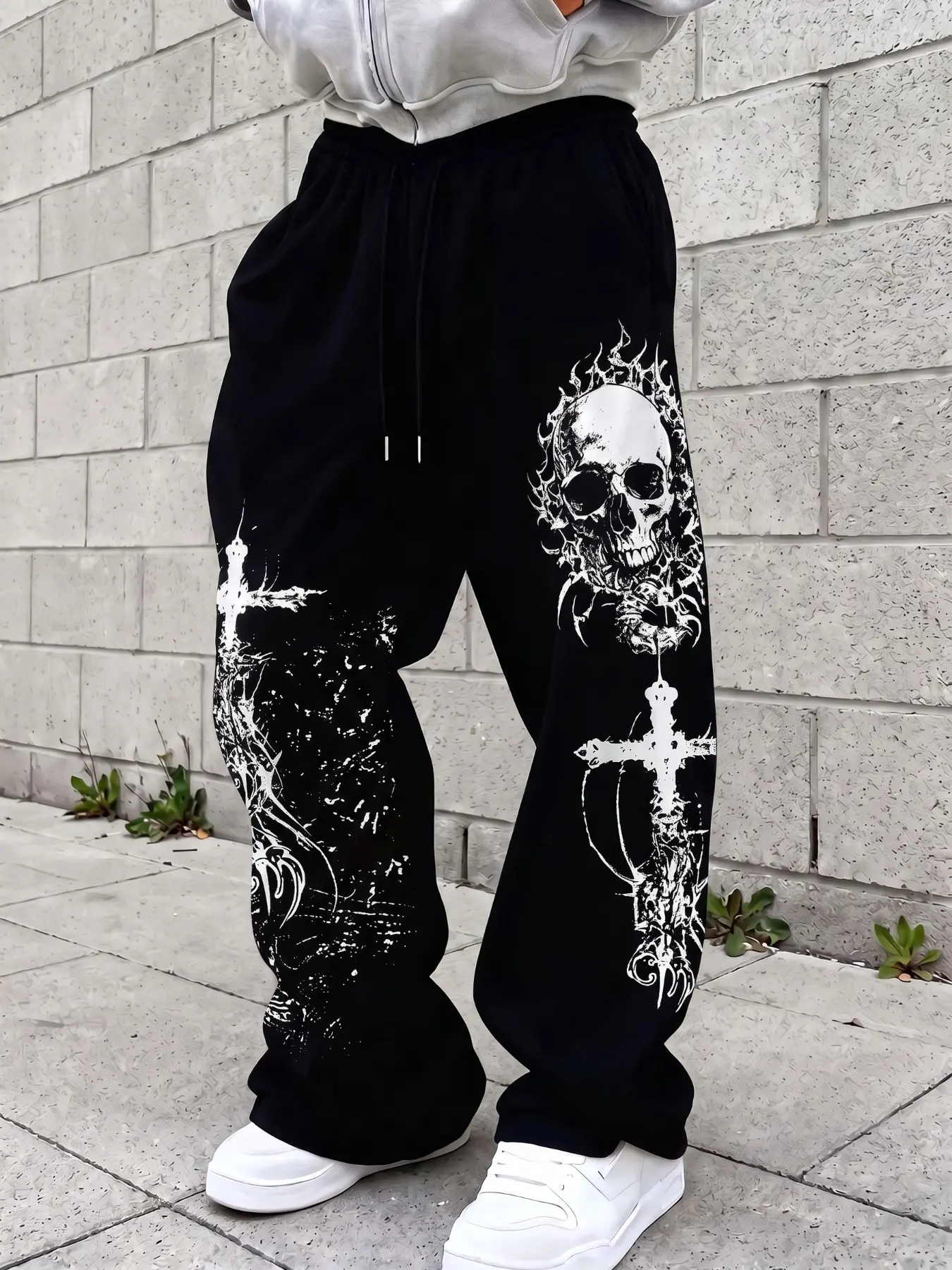 Soft Polyester Men Elastic Drawstring Wide Leg Full Length Sweatpants, Gothic Skull Cross Splash Ink Print Casual Trousers, Gauchos Pants Smartypants, Pants Royal Ascot Outfits, Menswear Clothing, Ropa De Hombre, Uomo Mens Clothing, Dark Punk Y2K Streetwe