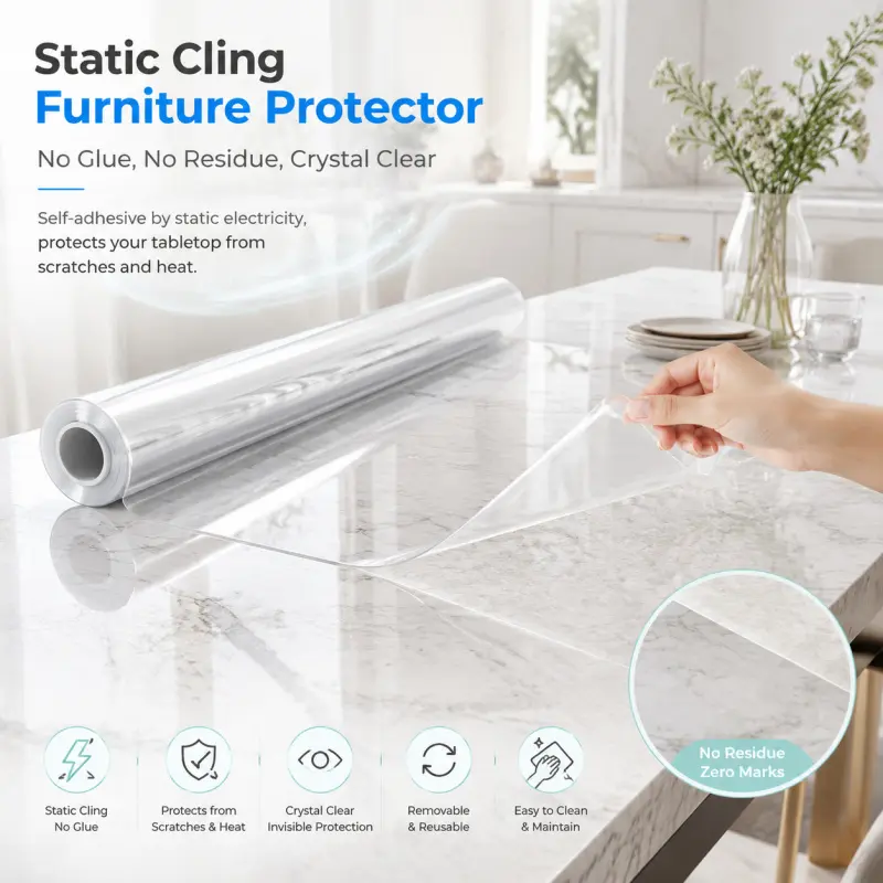 Static Cling Clear Table Protector Film, Glue-Free Reusable Invisible Furniture Cover, Anti-Scratch Heat Resistant for Marble & Wood Tabletop