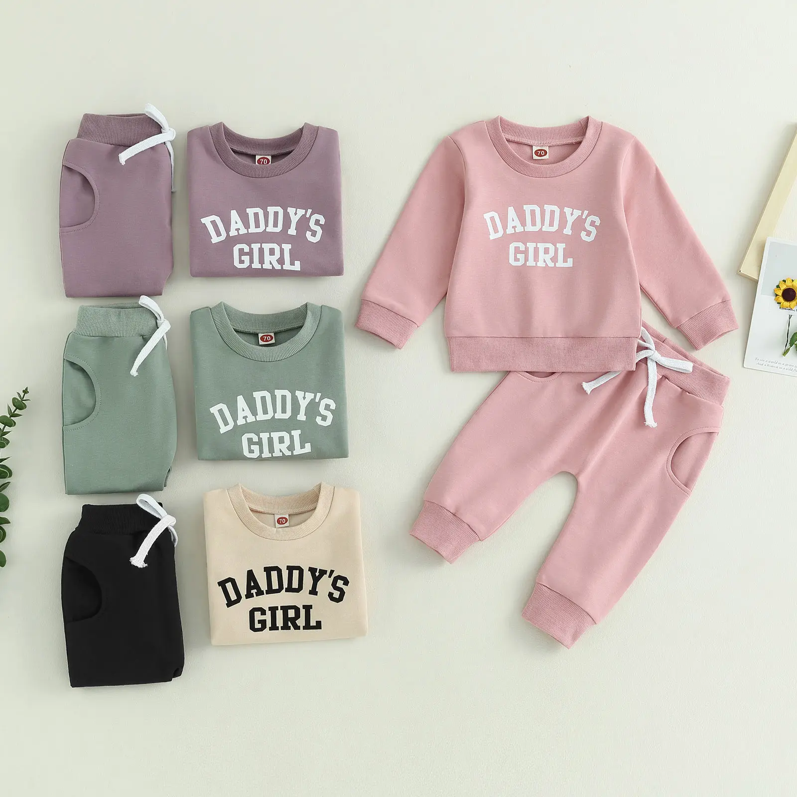 Baby Girls 2-piece Outfit, Letters Print Long Sleeve Crew Neck Sweatshirt with Elastic Waist Sweatpants Fall Clothes