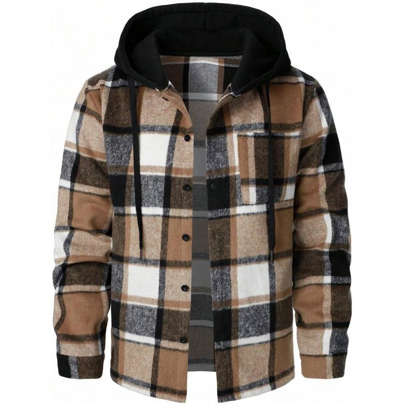KZZ Men's Plaid Drawstring Hooded Casual Jacket Spring Fall New Arrival Grey Checkered Design Fashionable Comfortable Long Sleeve Sweatshirts with Pocket christmas gifts for him