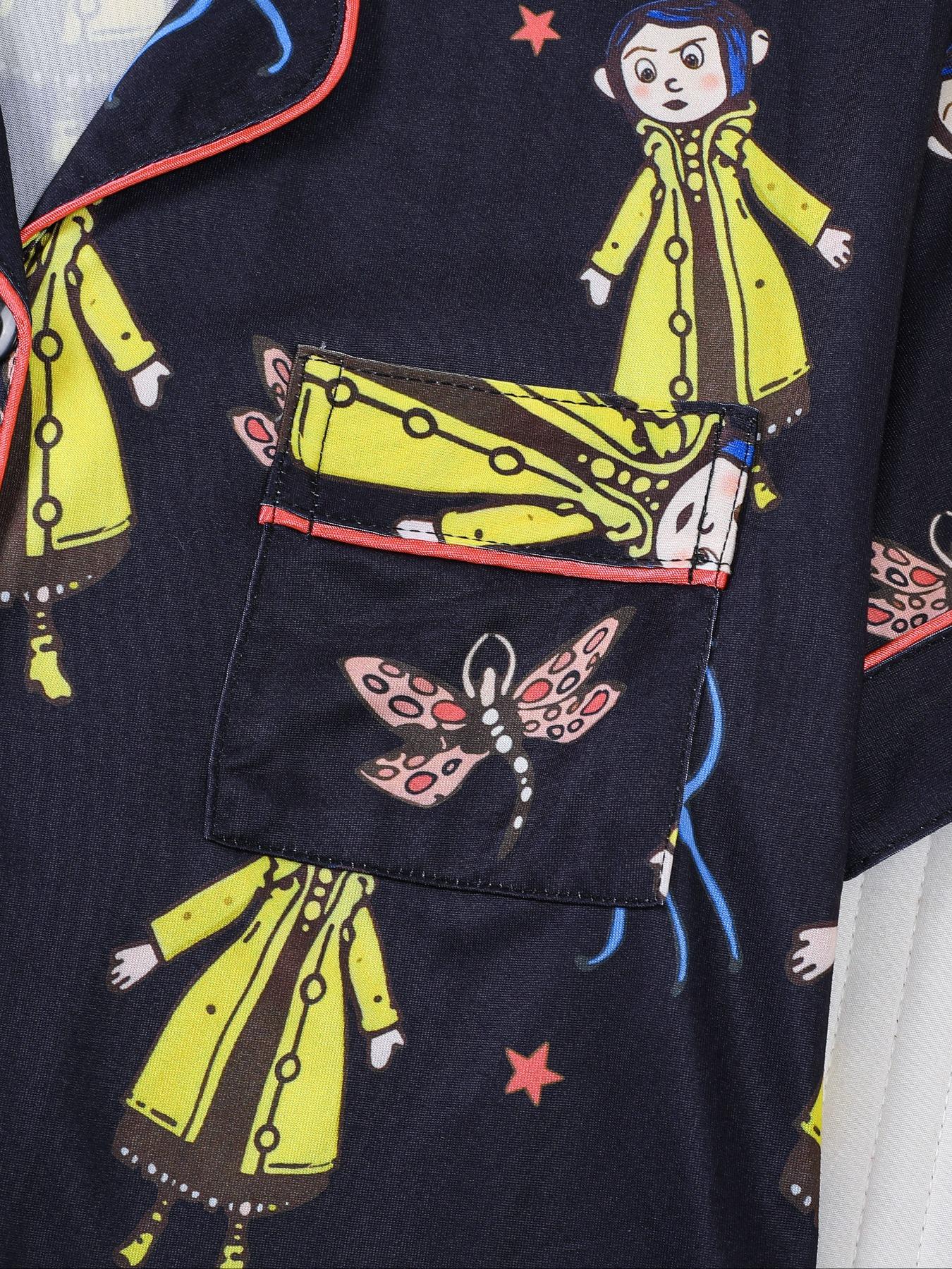 Women's Monkey Print Pajama Set, Short Sleeve Button Front Top & Elastic Shorts, Casual Home Wear, Comfortable Sleepwear, Loungewear