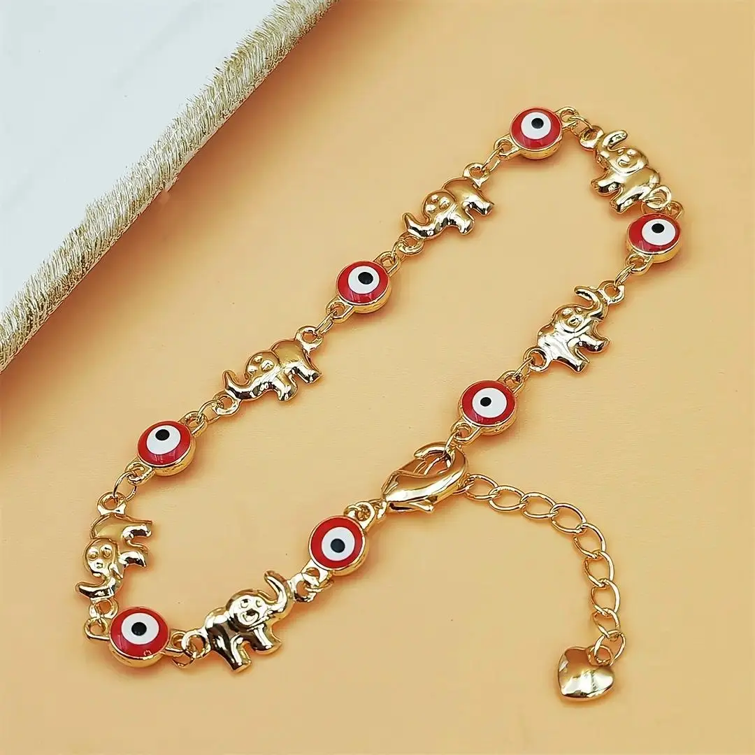 Ethnic Female Bracelet with Bohemian Elephant Charm, Gold-Tone Animal Jewelry with An Adjustable Chain and Red Eye