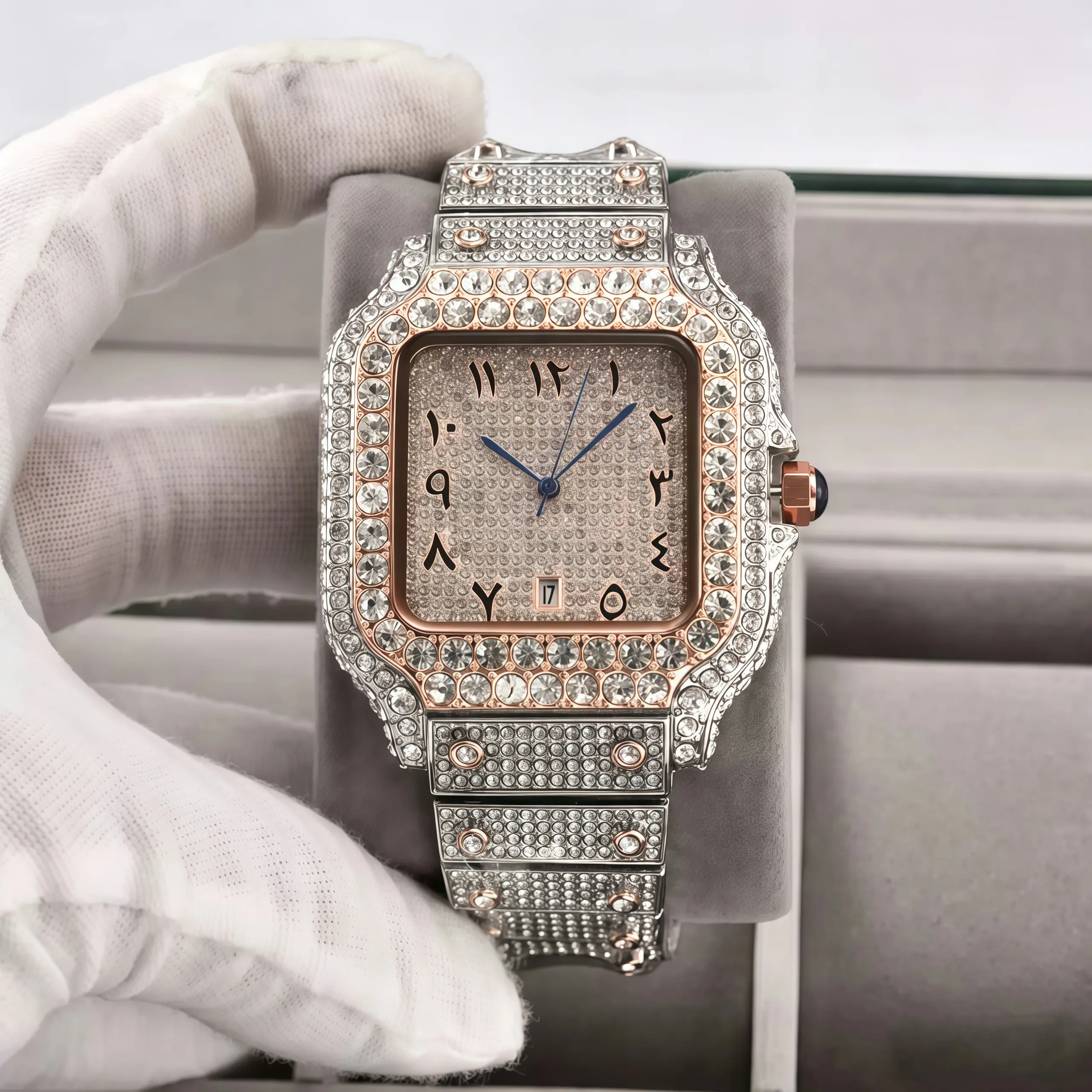 Luxury watch C name ,18K gold craft, 40mm square dial adorned natural gemstones for him and her