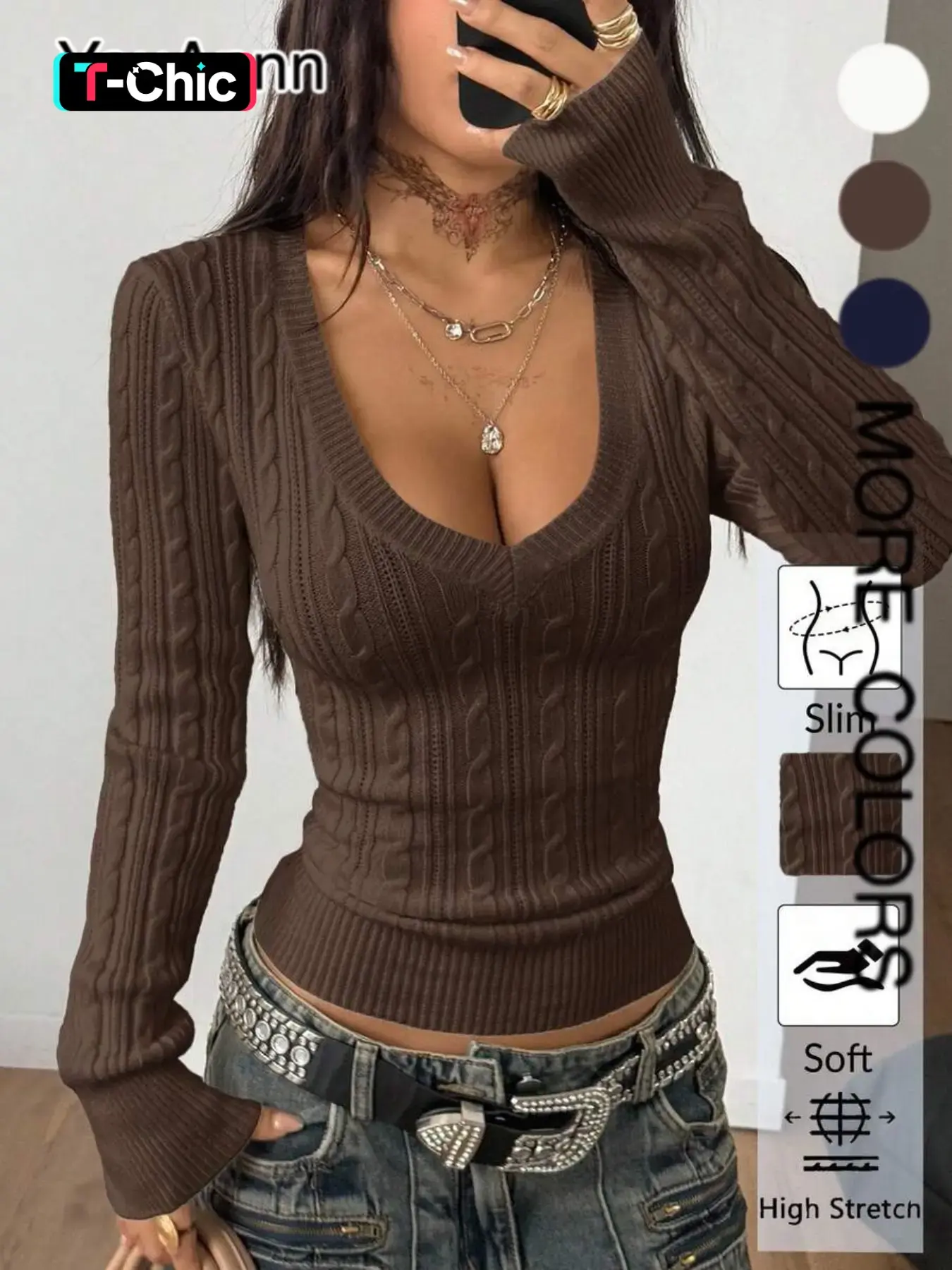 Elegant V-Neck Cable Knit Sweater for Women, Fall Winter New Arrival, Soft and Stylish, Slim Fit, Casual and Fashionable, Versatile Knitted Top