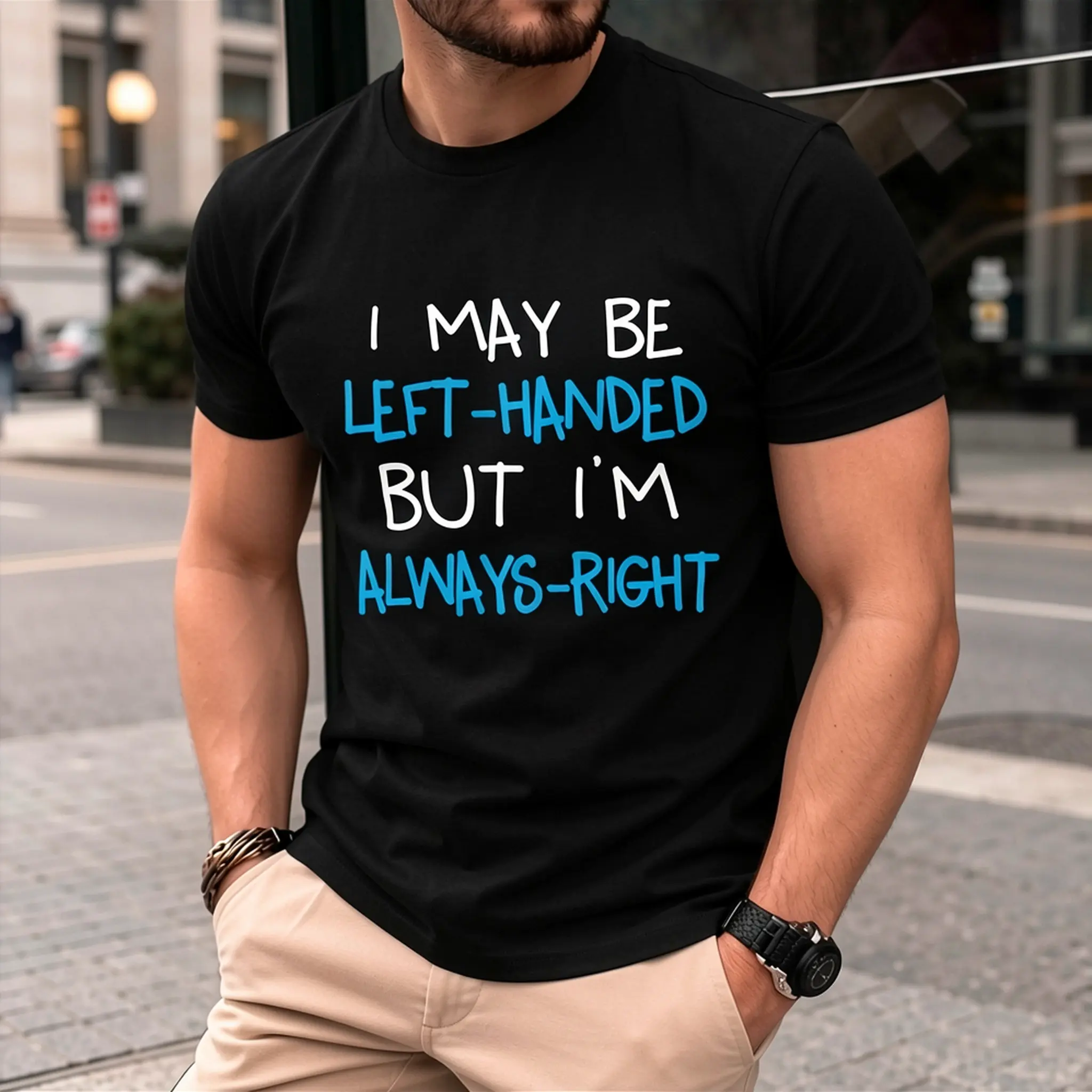 Men's Funny Graphic T-Shirt for Lefties, 'I May Be Left-Handed' Slogan Top in Premium Cotton, Short Sleeve Classic Crew Neck, Casual Streetwear, Shortsleeve, Menswear, Breathable Cotton Graphic, Men's Casual Wear, Fade Resistant, Leftie Slogan, Graphic Pr