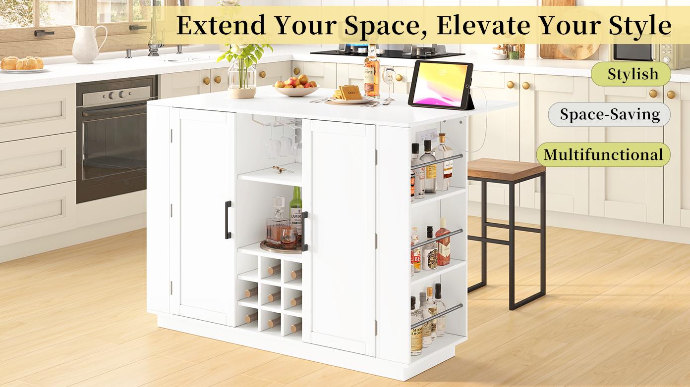ARCH U_Style 47.2" Kitchen Island with Drop Leaf & Power Outlet, Wine Bar Cabinet with Bottle Rack & Glass Holder, Coffee Bar, 2-Door Buffet Sideboard with Side Shelves, Melamine MDF