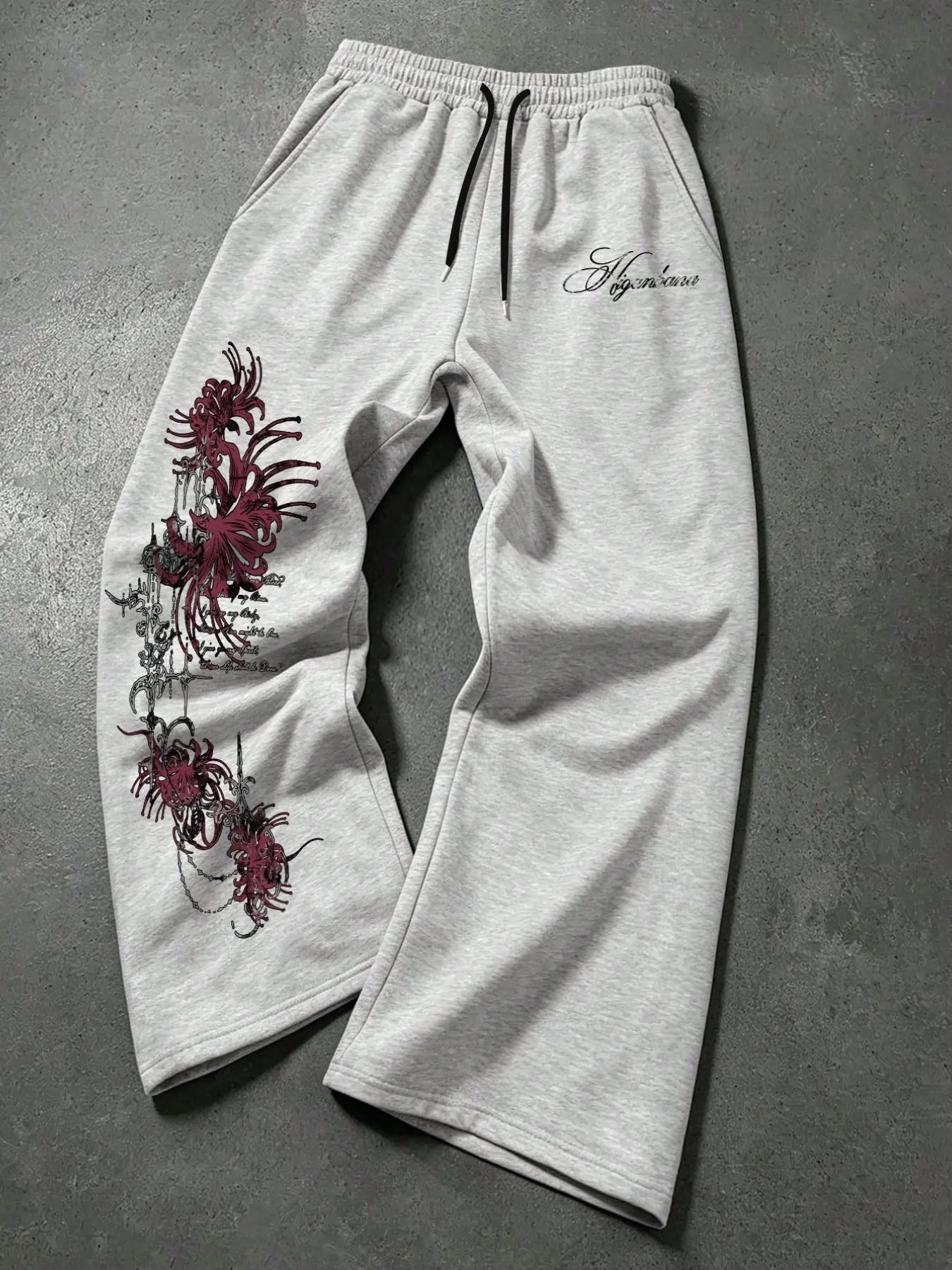 Harajuku Style Heather Grey Baggy Sweatpants Dark Red Spider Lily Printed Wide Leg Joggers Comfortable Casual Streetwear Bottoms Pants for Daily Wear