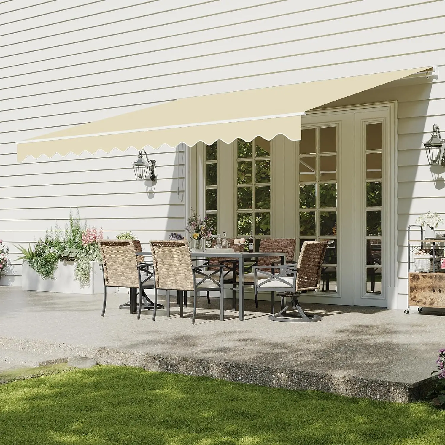 Aoxun Manual Retractable Awning for Outside 12x10 FT Outdoor Patio Sun Shades Canopy with Crank Handle Waterproof Polyester PA Coated Fabric for Backyard Deck Window Beige