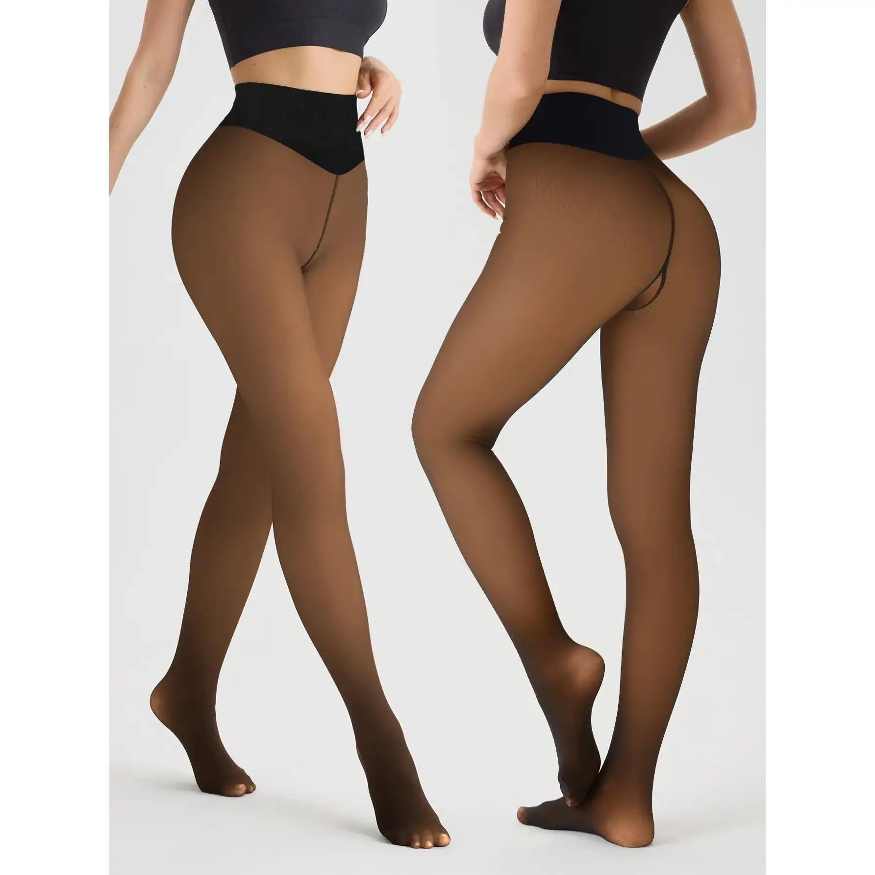 Women’s High-Waisted Single-Seam Thermal Tights with Lara Safety Shorts - Full-Length Faux Sheer Fleece-Lined Pantyhose, Tummy-Control, Warmth-Locking Thick Lining, Stretchy Sculpting Fit, Natural Sheer Look, Footed Design for Dresses