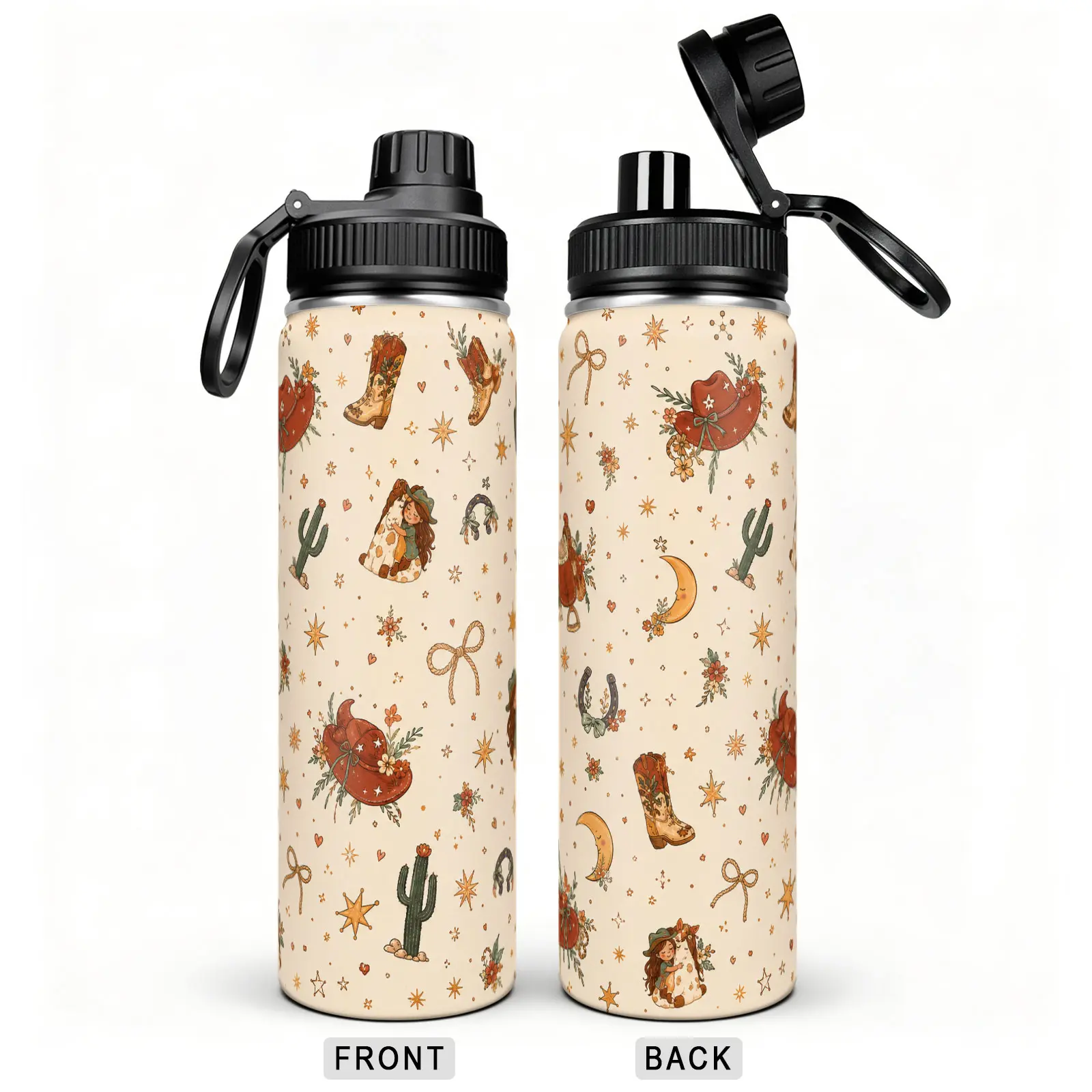 1pc 22oz 304 Stainless Steel Insulated Sports Water Bottle, with Western Cowgirl Themed Pattern, Vacuum Insulated Flasks Leakproof with Carry Loop, for Coffee Juice Cold Hot Drinks, Ideal for Camping Hiking Birthday Gift for Outdoor Lovers
