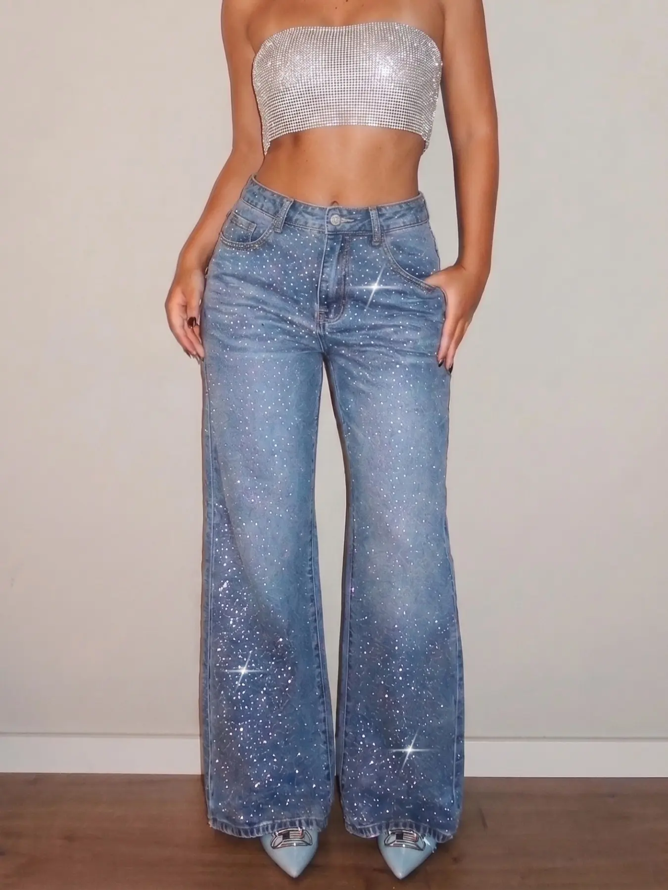 Women's Loose Wide Leg Rhinestone Jeans, Y2K Style Crystal Sparkly Denim Jeans, Fashion Streetwear Long Trousers for Casual