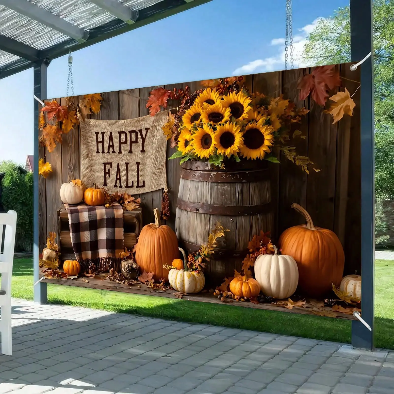 Happy Fall Backdrop Banner Rustic Wooden Board Sunflower Barrel Pumpkin Plaid Blanket Design Autumn Thanksgiving Harvest Party Photo Background Tapestry