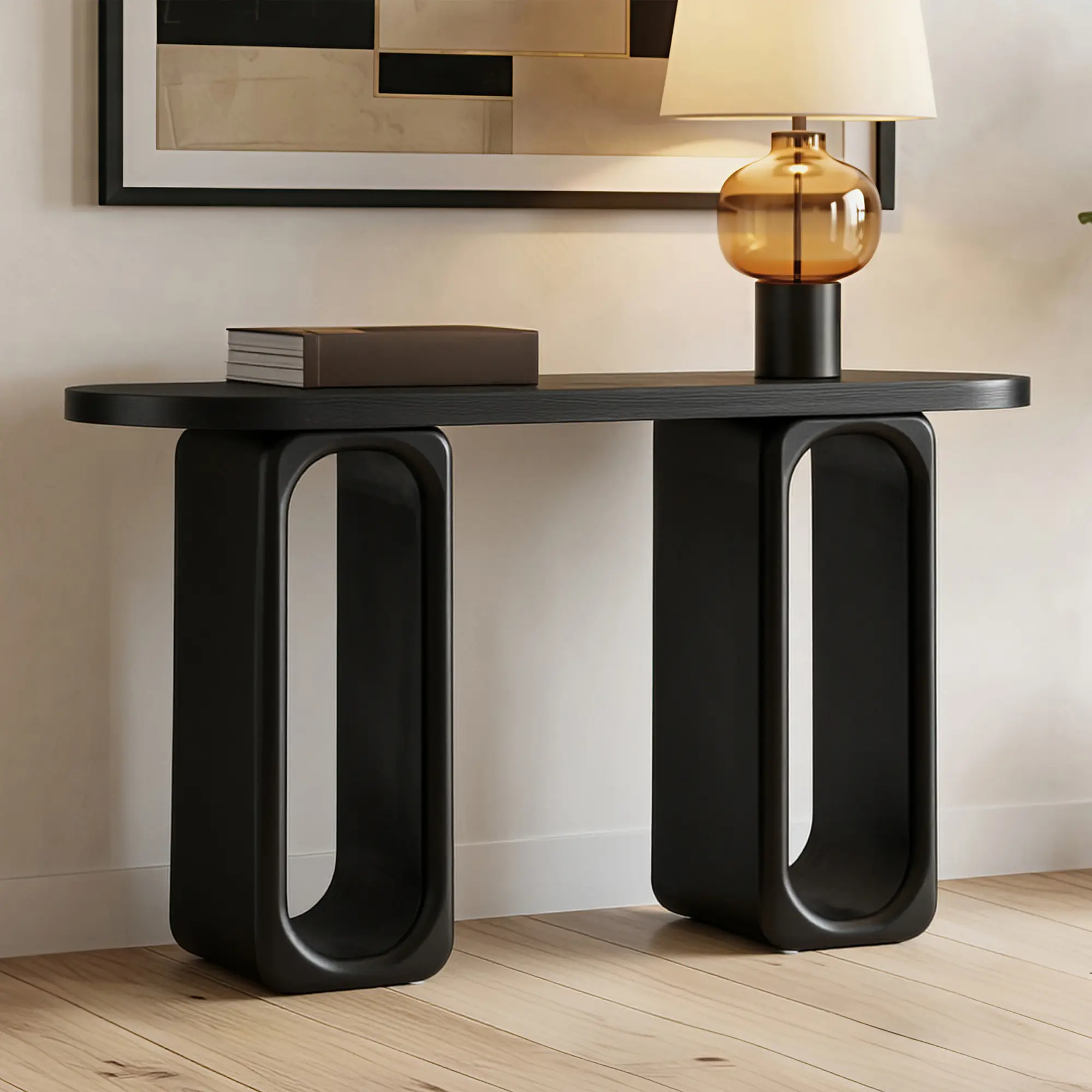 Nokaa 50" Modern Art Sculptural Console Table Oval Cutout Legs Wood Veneer MDF Black Entryway Sofa Table for Living Room Hallway Behind Couch Contemporary Thick Rounded Tabletop Home Furniture, Black Color, MDF Material, Modern Style