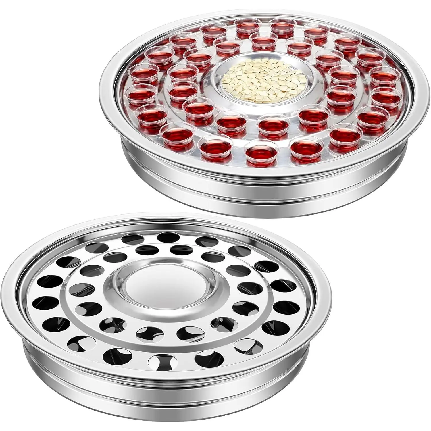 2 count Holy Communion Trays House up 32 Cups Sliver Tary Church Supplies Stainless Steel Portable Communion Plates Set for Churches Chapels Ware Sets