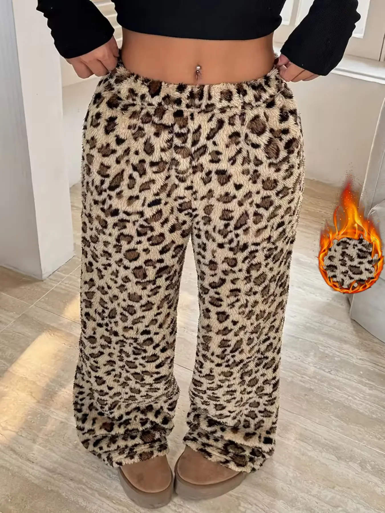 Women's Fall Winter Leopard Print Faux Fur Wide Leg Pants, Elastic Waist Loose Flannel Home Long Pants, Cozy Warm Sleepwear Loungewear
