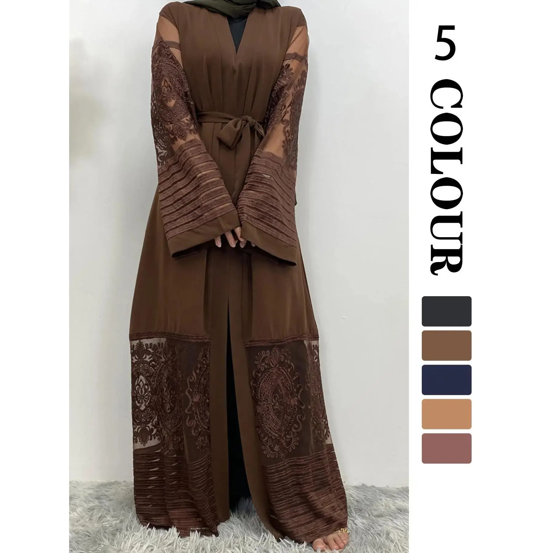 Women's Floral Embroidery Belted  Abaya, Modest Long Sleeve Open Front Abaya for Spring & Fall, Women's Islamic Clothing for Daily Wear, Floral Embellished Abaya