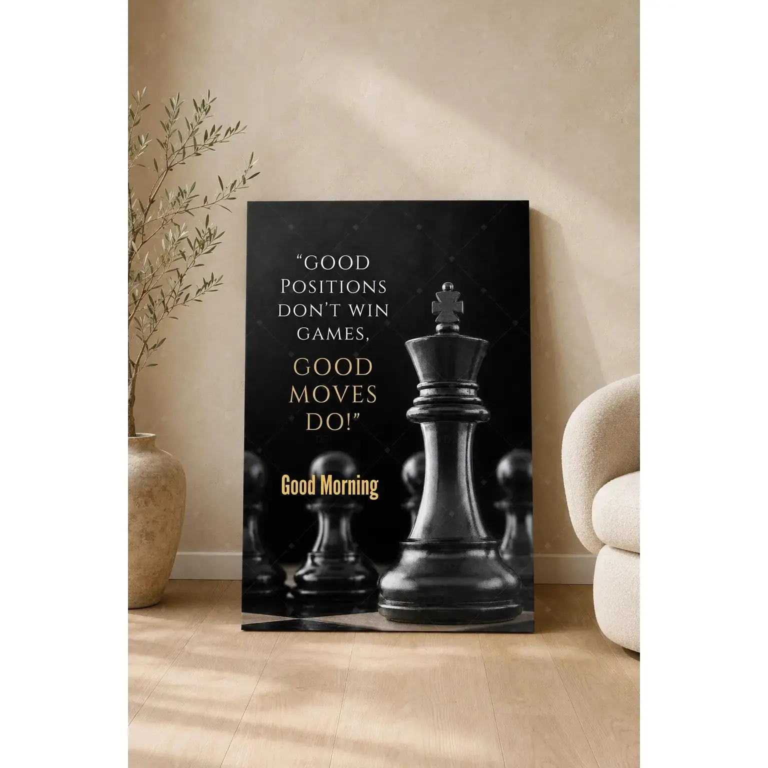 Chess King Motivation Canvas Poster - Industrial Metallic Black-Gold Decorative Hanging Wood Wall Art with "Good Positions Don’t Win Games Good Moves Do" Quote, Chess Player Gift for Office, Study