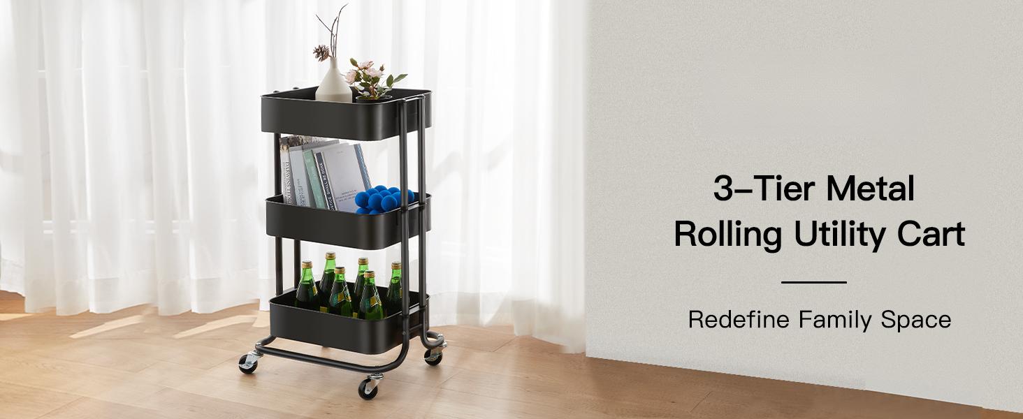 3 Tier Metal Rolling Utility Cart, Heavy-Duty Storage Rolling Cart with 2 Lockable Wheels, Multifunctional Mesh Organization Utility Cart for Kitchen Dining Room Living Room (Black)