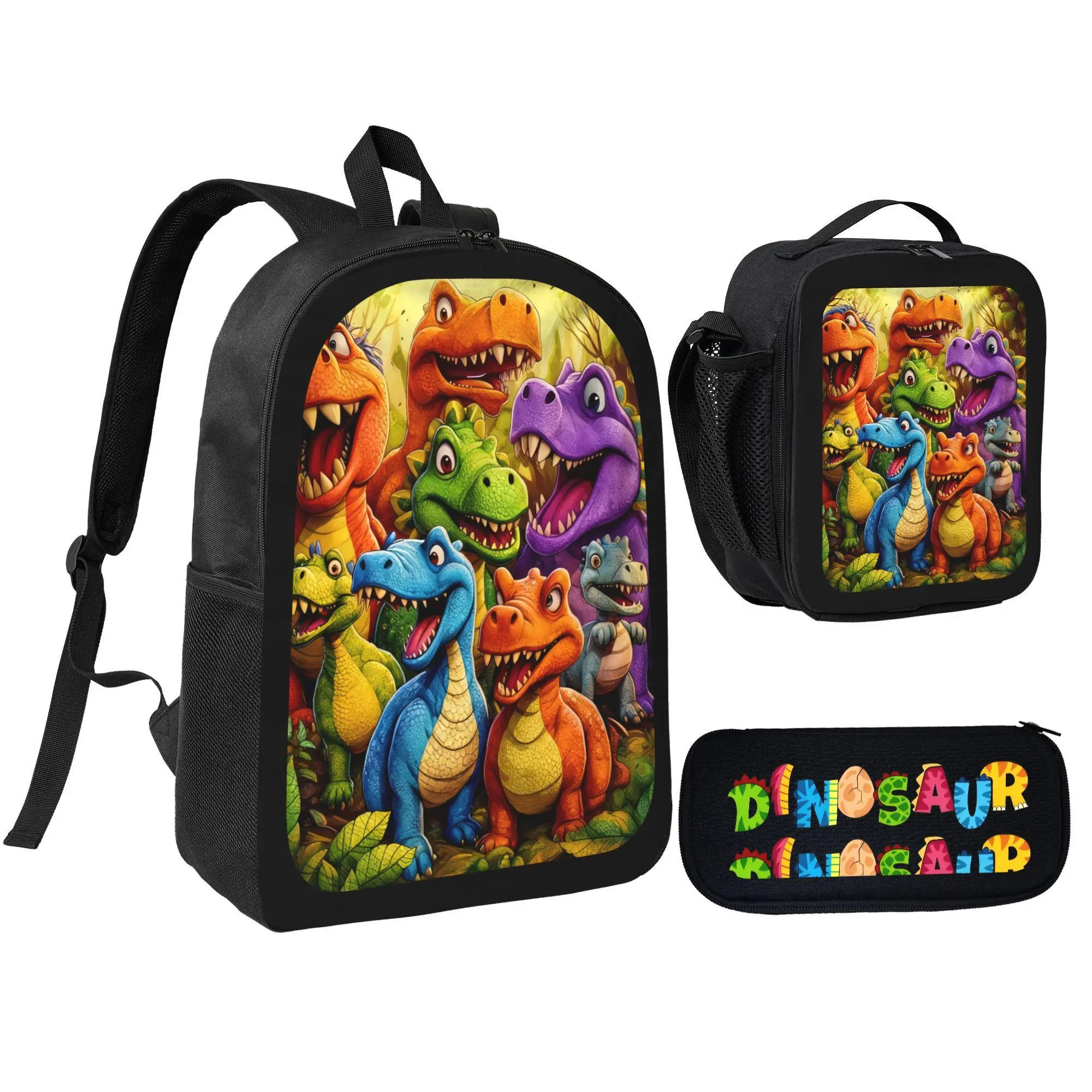 Dinosaur Crew 3-in-1 Backpack Set - Colorful Cartoon Dinosaur Themed Backpack with Lunch Bag & Pencil Case Fun Design for Dino Lovers Perfect for School Daily Use