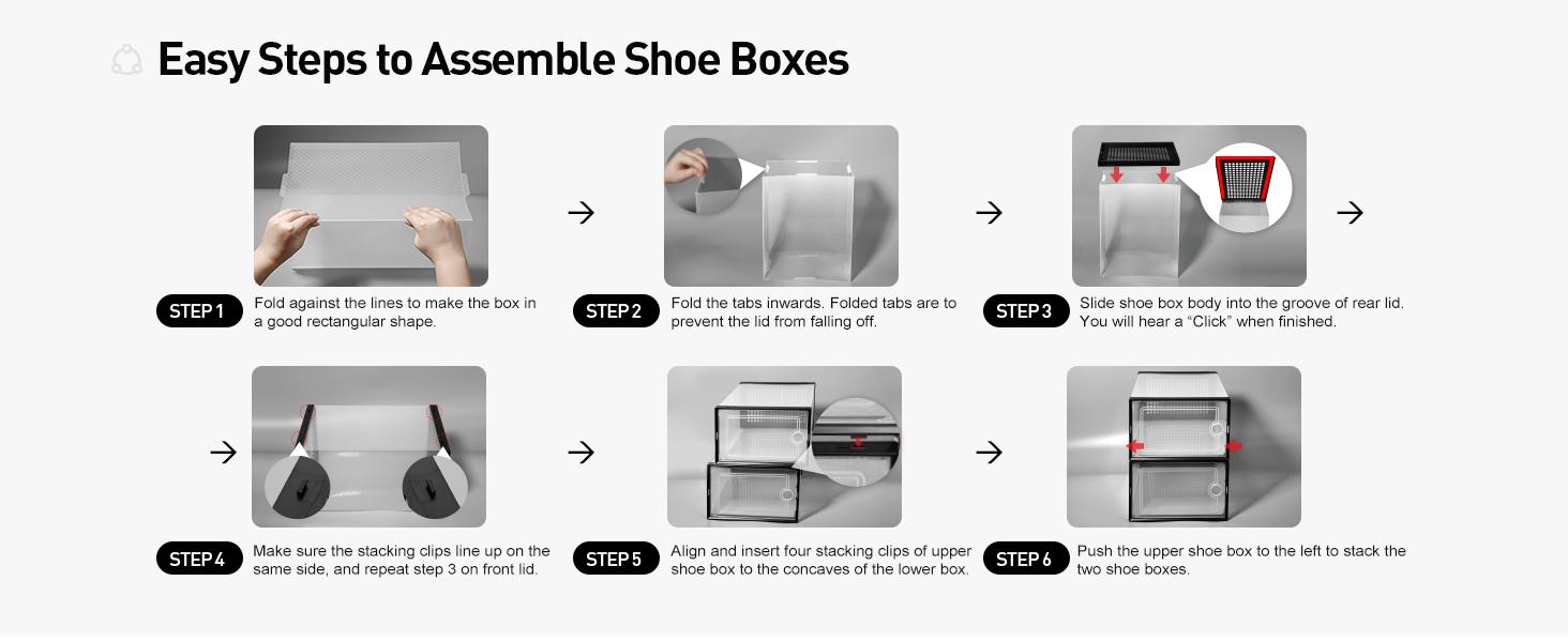 X-Large Plastic Stackable Storage Boxes Organizer 12 Pack - Clear for Shoe Rack & Holder Substitute, Black & Pink