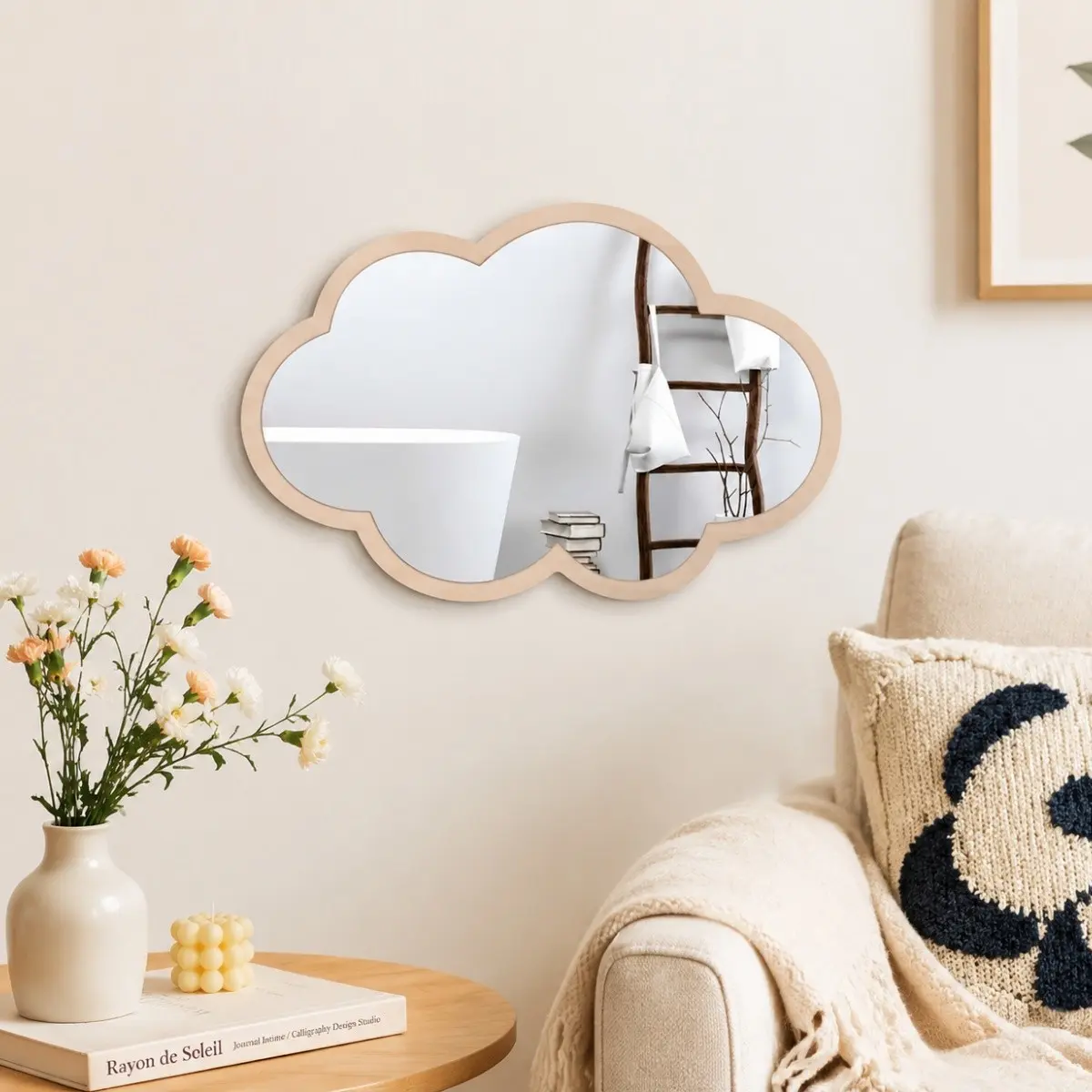 Cloud Shaped Wooden Framed Wall Mirror, Irregular Wavy Hanging Decor Mirror, Natural Wood Frame Wall Mount Mirror for Nursery, Girls Bedroom, Bathroom, Boho Cottagecore Home Wall Decor, No Drilling, Includes Tape