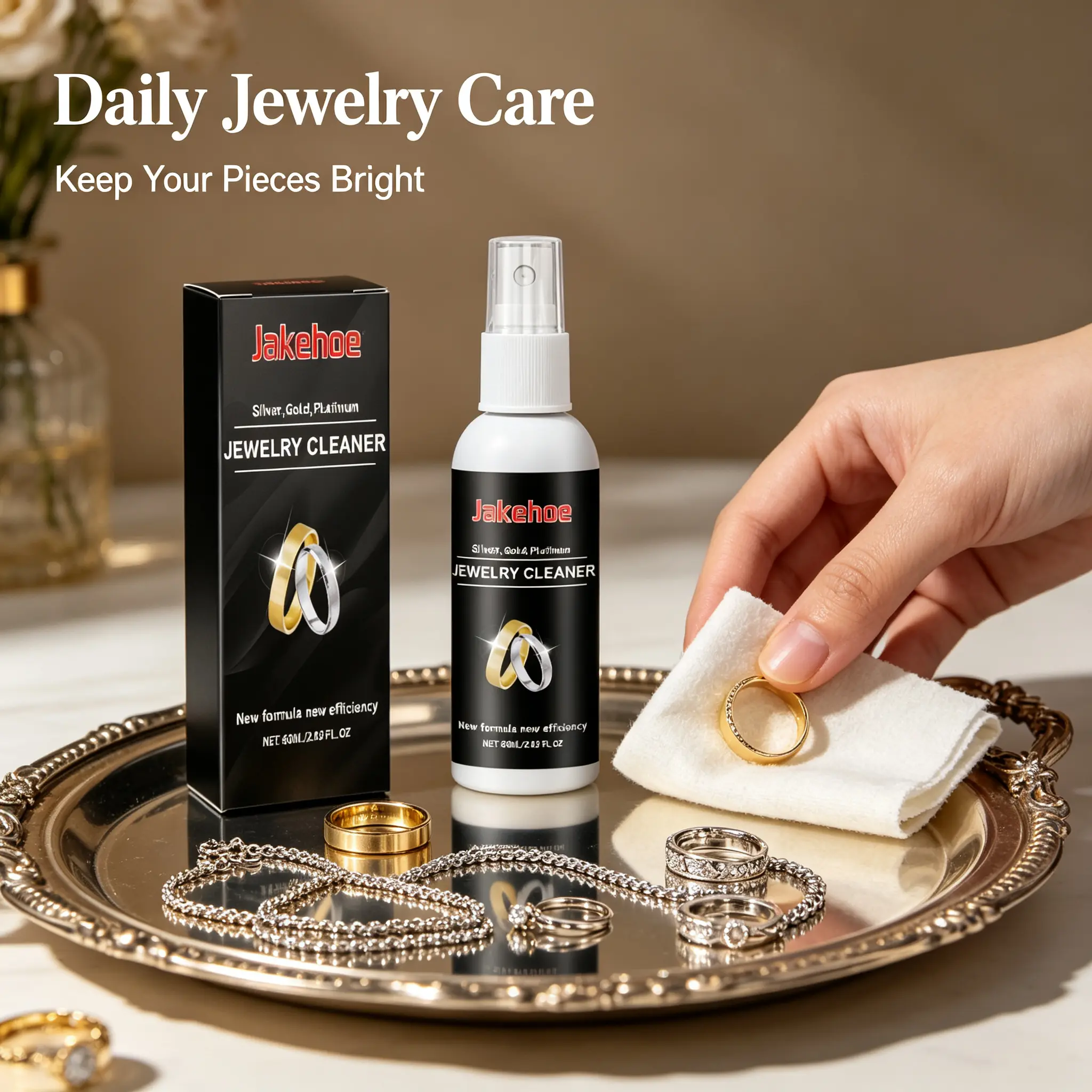Jewelry Cleaner Spray 60ml for Rings Necklaces and Bracelets Gentle Polishing Solution for Silver Gold and Platinum Precious Jewelry