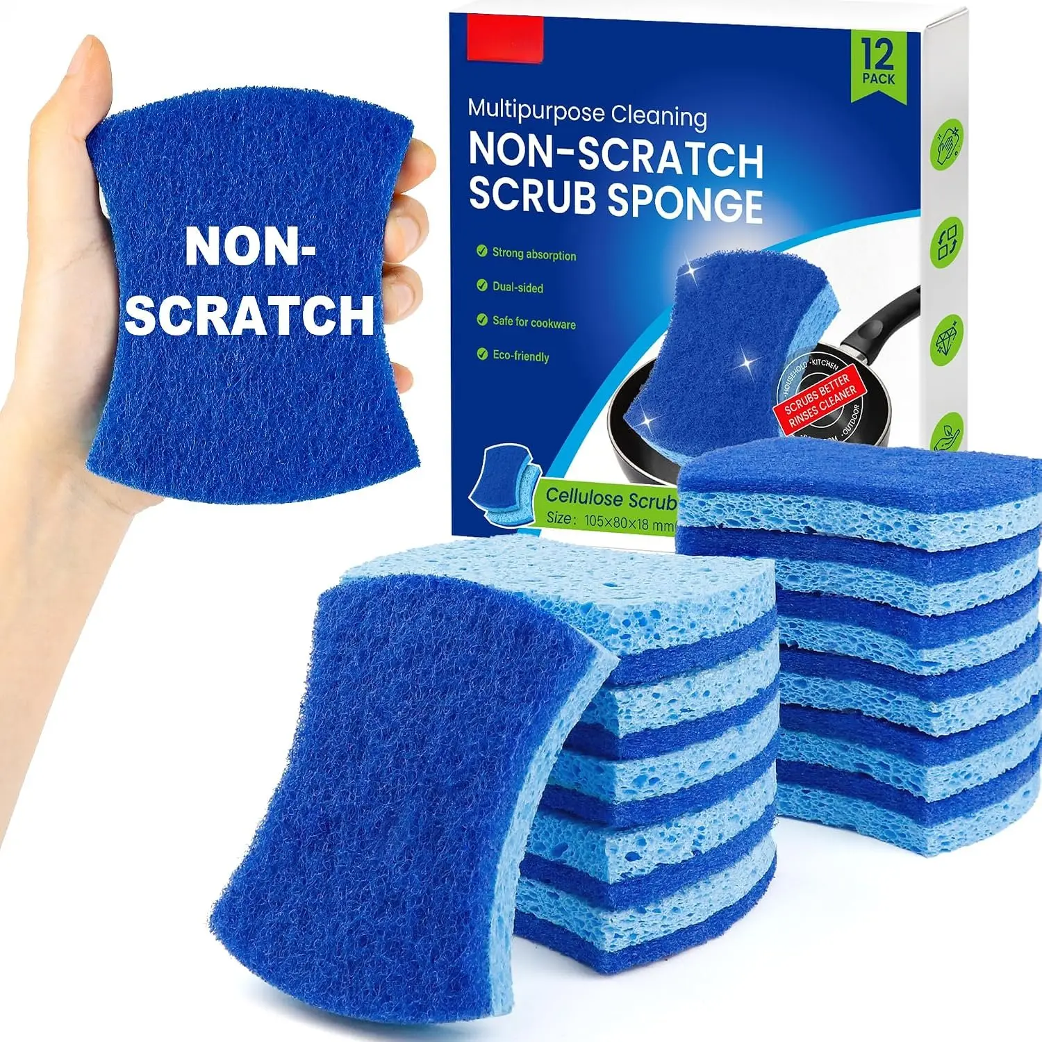 Non Scratch Sponges, 12 Count,  Cellulose Scrub Sponge for Dishes, Non Stick Cookware, Kitchen, Bathroom, Household (Blue)