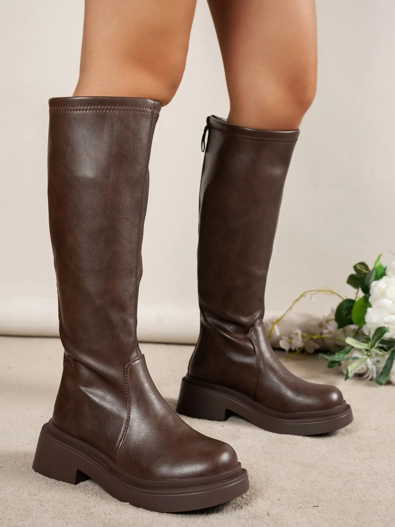 New Maroon PU Leather Upper Thick Sole Straight Calf Boots for Women, Back Zipper Slimming Knight Boots, Fall & Winter Fashion Formal Shoes