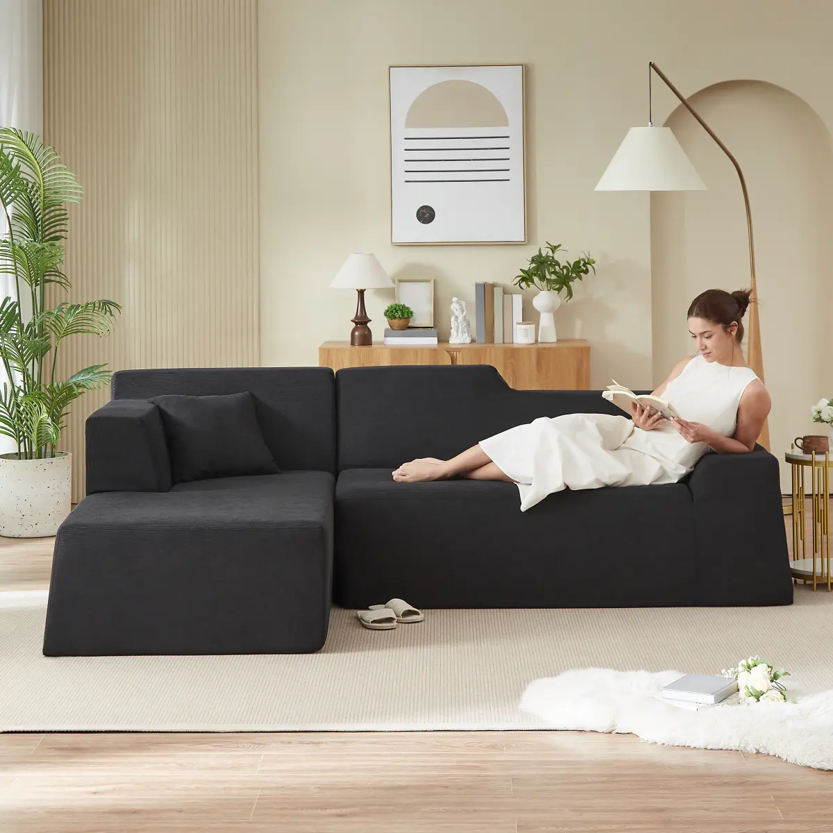 Modern Minimalist L-Shaped Corduroy High Sofa, Black/Dark Gray/Beige
