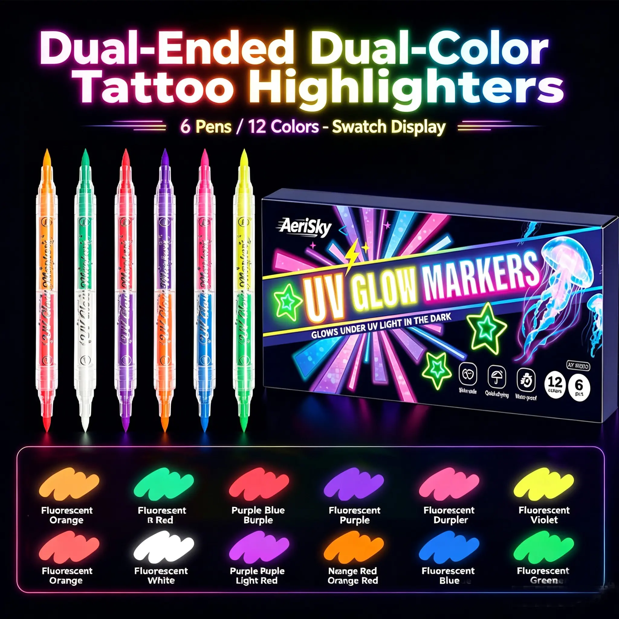 Halloween Face Paint Temporary Tattoo Pen, Washable Body Glow Color Brush, Festival Party Dual-Head Dual-Color Skin Art Brush