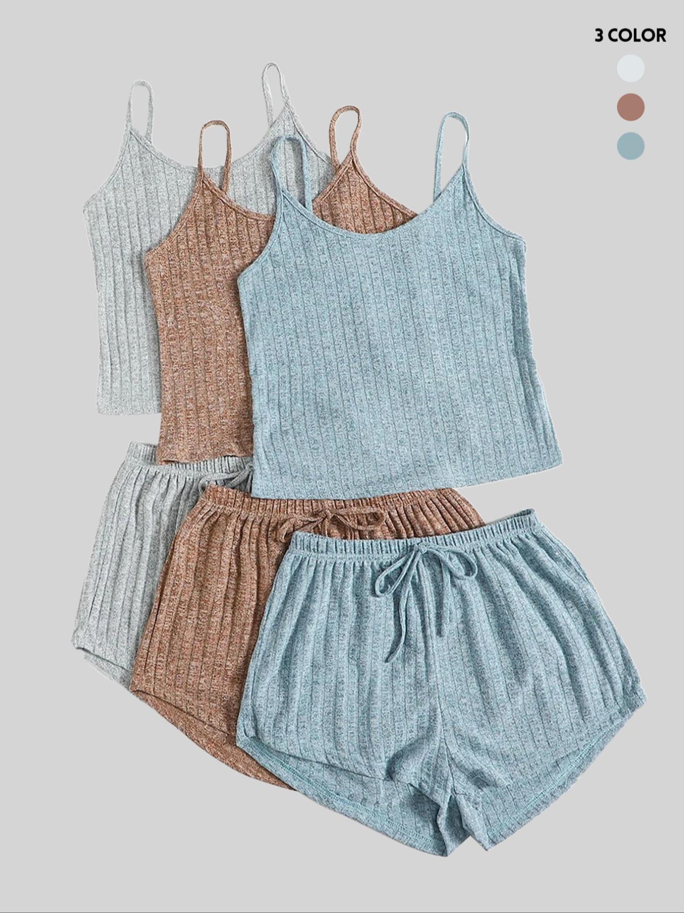 Women's Plain Knitted Stretchy Crop Cami Top & Tie Front Shorts Set, Summer Clothes, Casual Camisole & Shorts Set for Summer, Women's Clothes