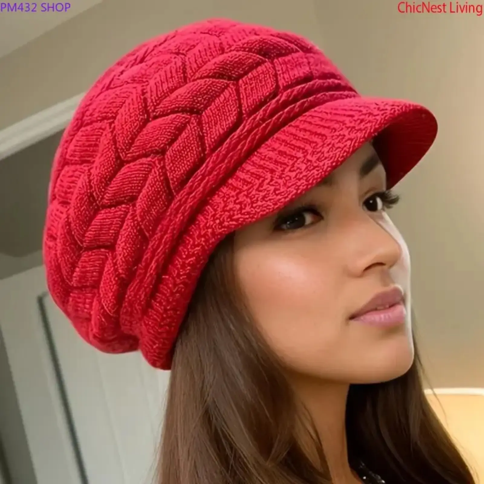 Women's Chunky Cable Knit Beanie, Soft Slouchy Winter Hat with Ear Flaps, Stretch Warm Knitted Cap for Cold Weather, Travel, Skiing and Everyday Wear