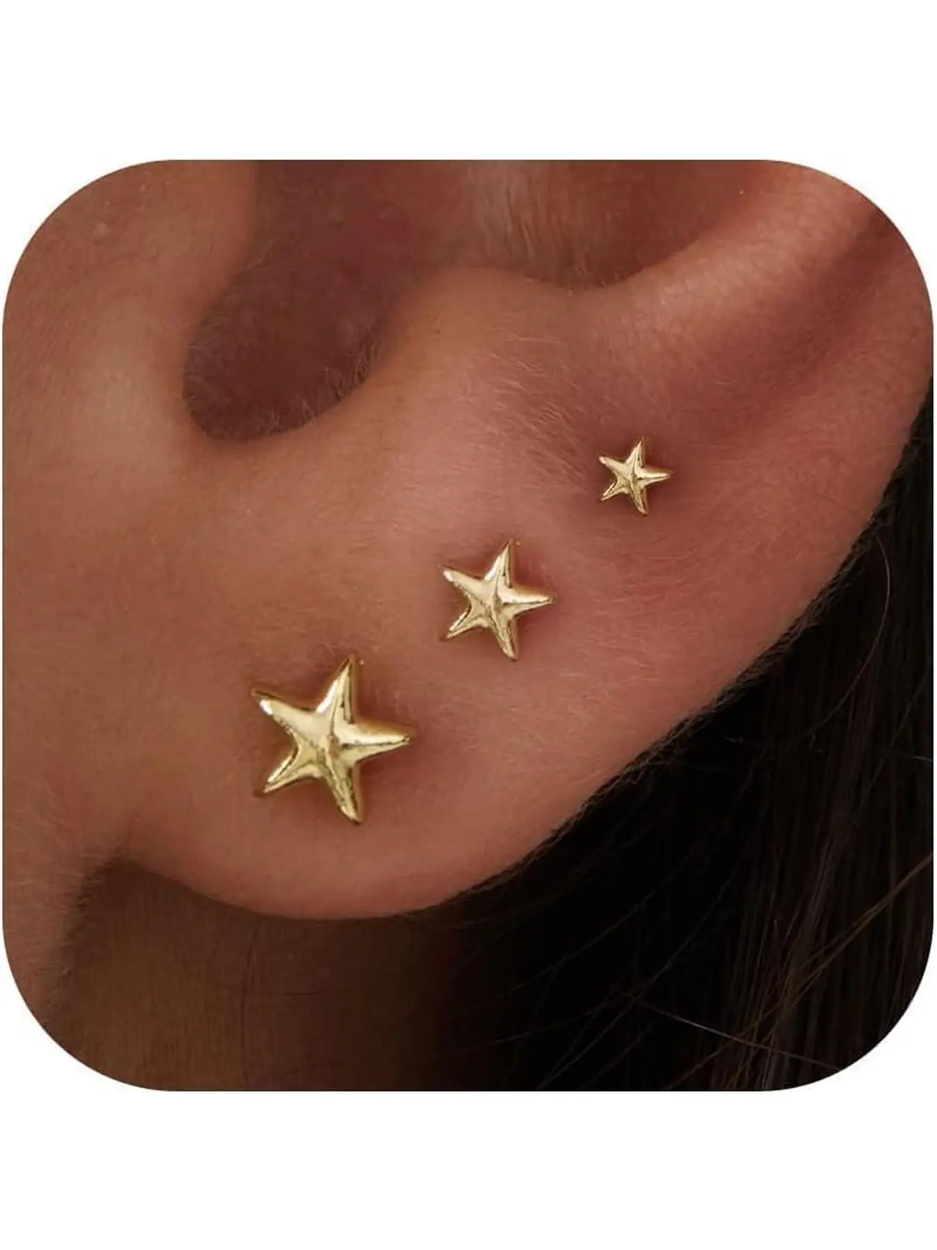 3pcs Tiny Flat Back Earrings for Women - Golden Star Earring Dainty Cute Small Screw Flatback Stud Earring, Everyday Wear Gift
