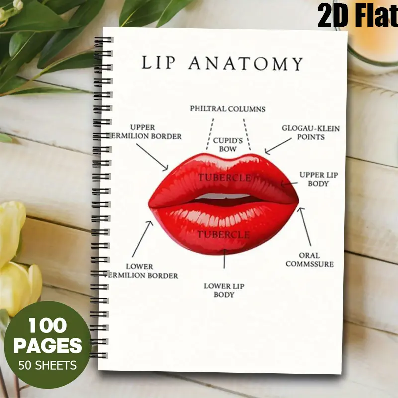 1pc Lip Anatomy Spiral Notebook, 5.7x8.26 inch, Premium Lined Pages, Durable Binding, Makeup Artist Work Notes, Beauty Study Journal, Cosmetology Student Gift for Christmas, Birthday, Back to School [2D] Flat