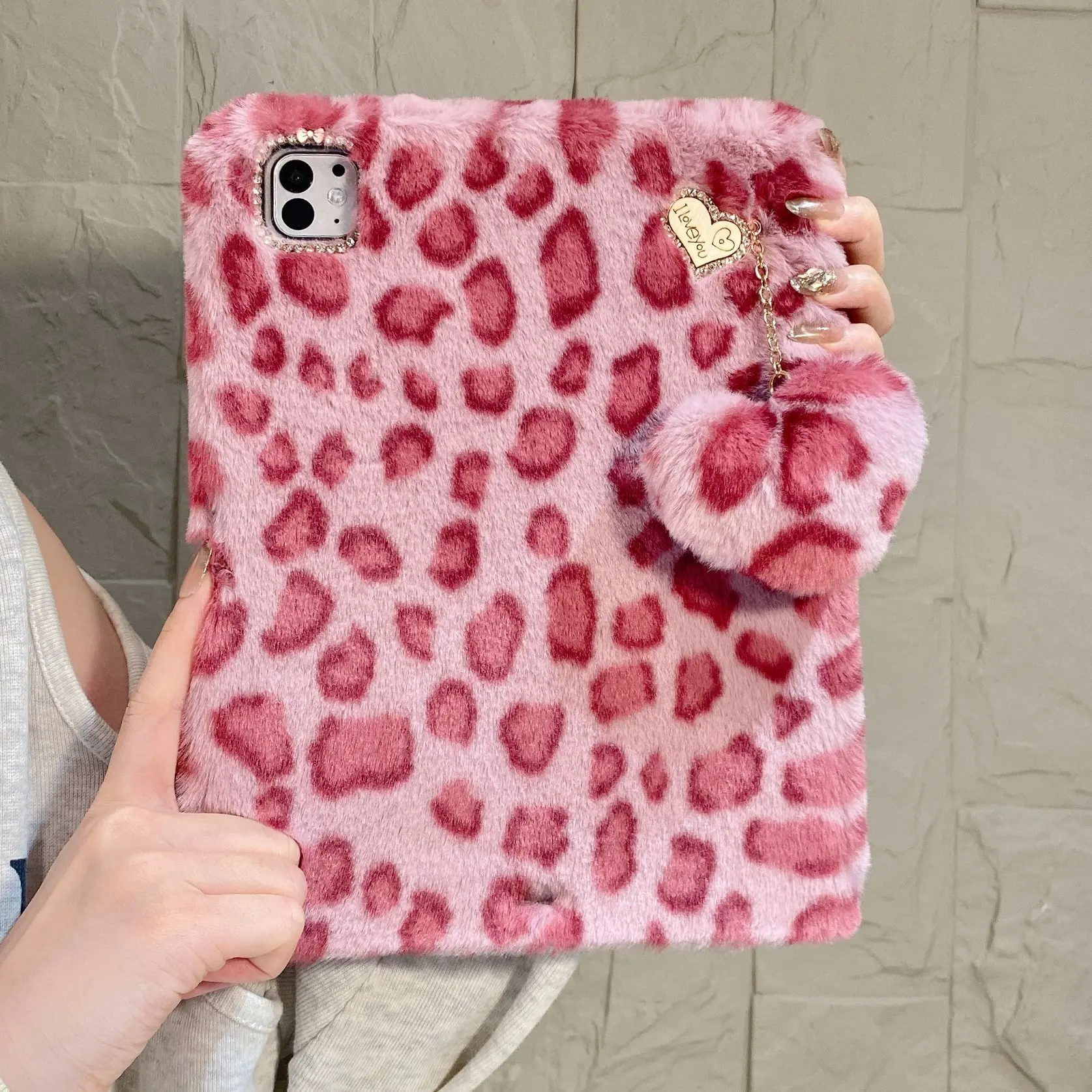 Plush Leopard Print Pendant Heart Tablet Case with Pen Slot, Compatible with Apple iPad Models, Fashionable Protective Cover, Anti-Drop Design, Tablet Accessories