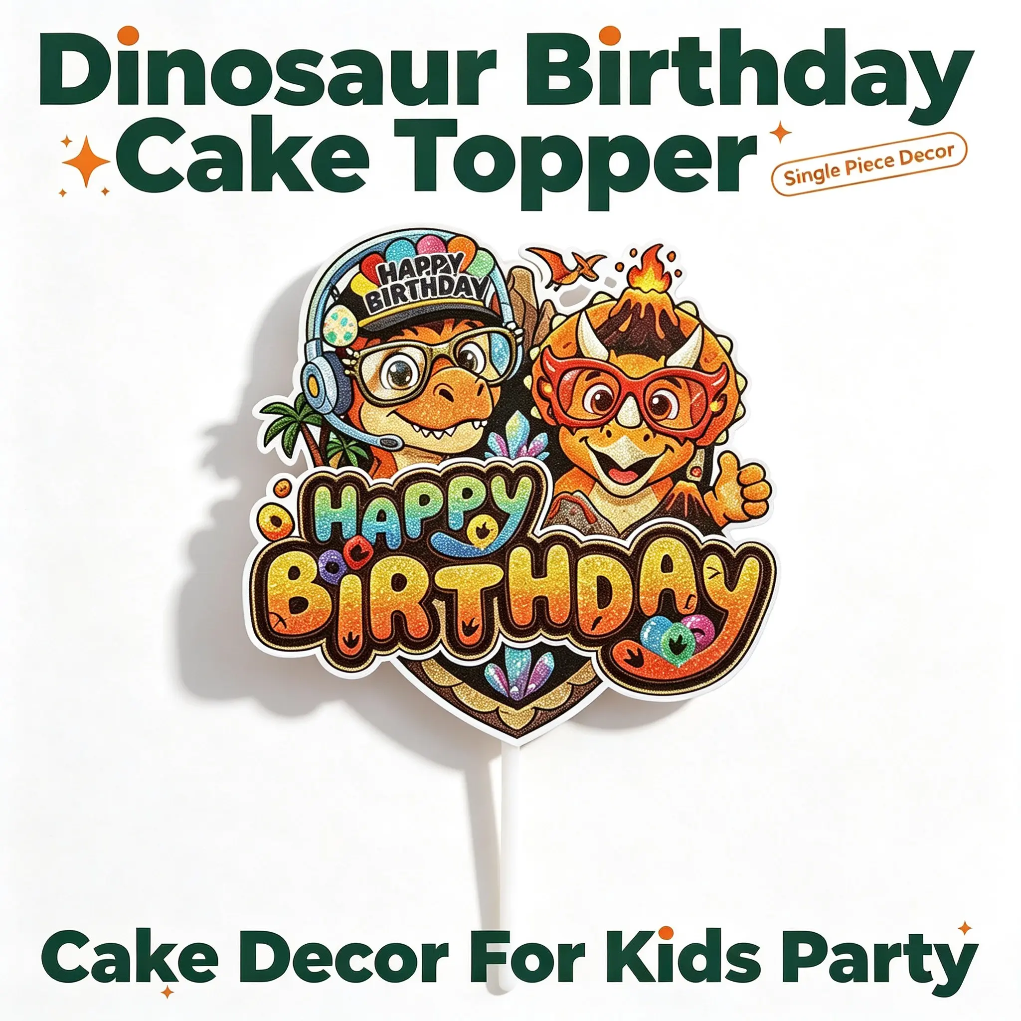 A lifesaver for easy party setup! 🎉 Plush-cartoon style dinosaur topper with vibrant glitter finish. No hassle, just pop it in the cake to effortlessly create an adorable dino-themed birthday! 🎈