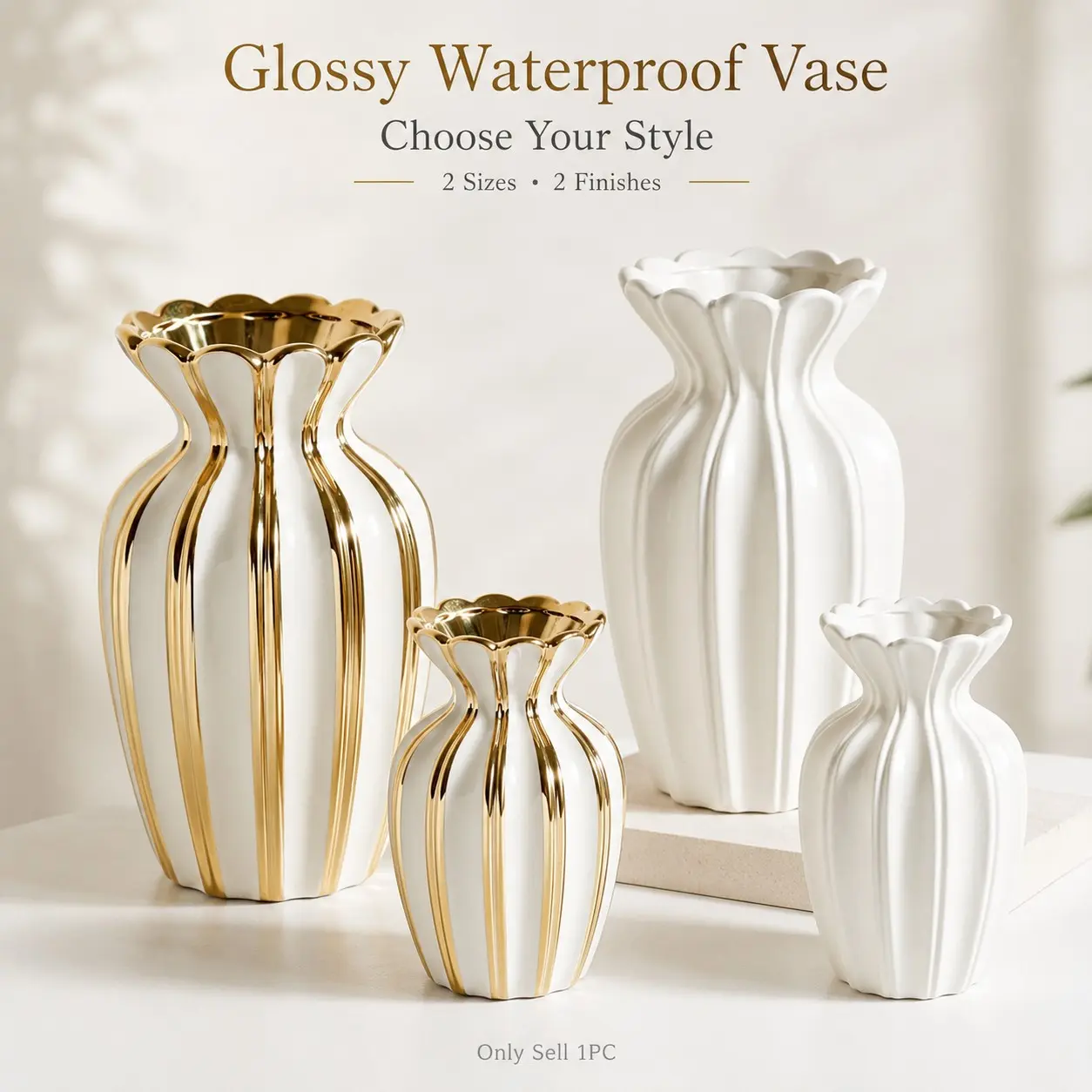 Luxurious Ceramic Vase, High Gloss Decorative Flower Pot, Gold Trimmed Vase, Modern Elegant Home Décor, Ideal for Fresh and Dried Flowers