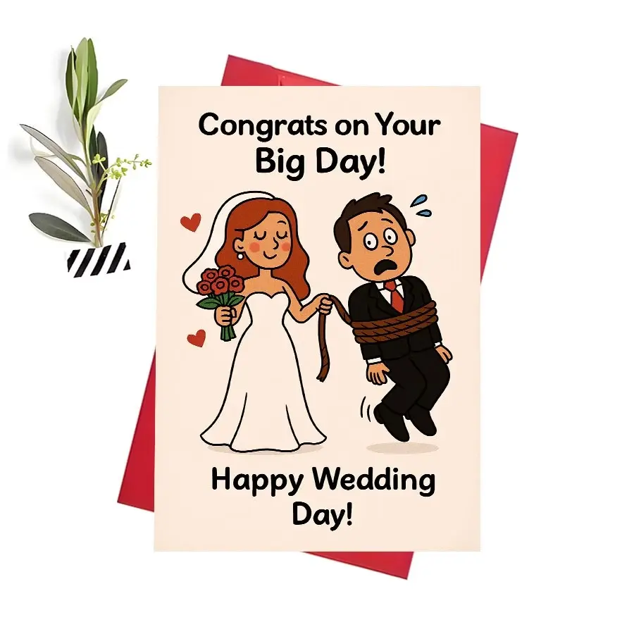 Humorous Wedding Card for Bride and Groom, Perfect Gift for Newlyweds, Celebrates Love and Laughter, Includes Envelope