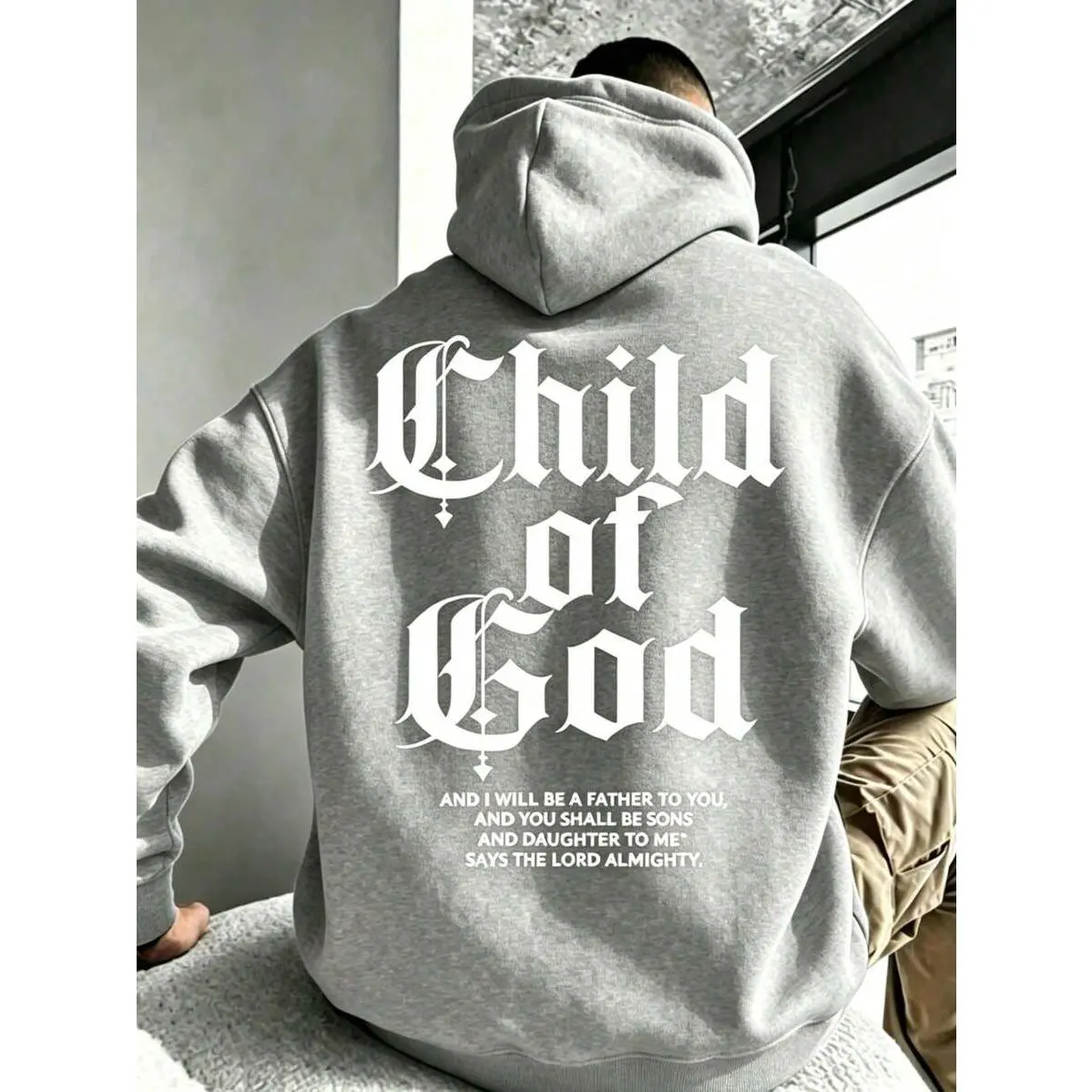 Men Clothes Faith Religious Hoodie Child Of God Gothic Font Bible Verse Back Graphic Fall Casual Drawstring Hooded Pullover Top