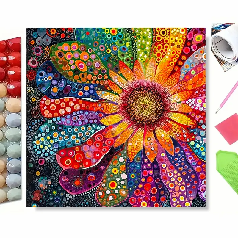 DIY Diamond Painting Kit, Vivid Bohemian Floral Art, Stunning Sunflower Decorated With Multicolored Dot Circle Patterns, Rich Bright Rainbow Tones Against Dark Background, Eye‑catching Wall Hanging, Ideal for Holiday Gift, Living Room Wall Decor
