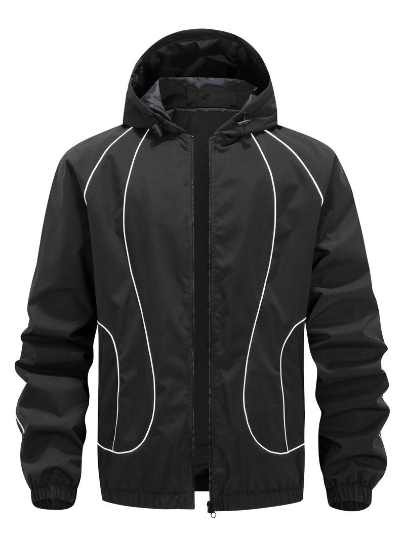 Men's solid color waterproof and windproof drawstring zipper hooded jacket, trendy striped print casual long-sleeved jacket with zipper pockets, suitable for outdoor activities, all year round.