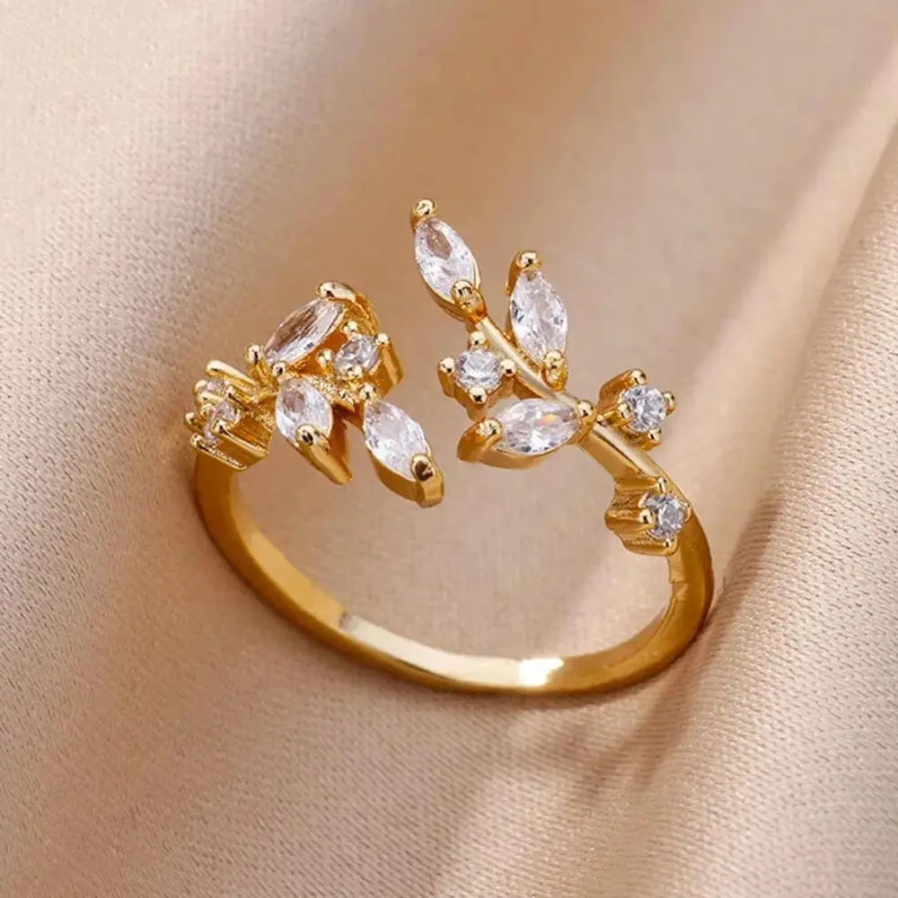 925 Sterling Silver Adjustable Olive Branch Rings for Women Romantic Zircon Open Rings Korean Style Party Fashion Jewelry Gifts