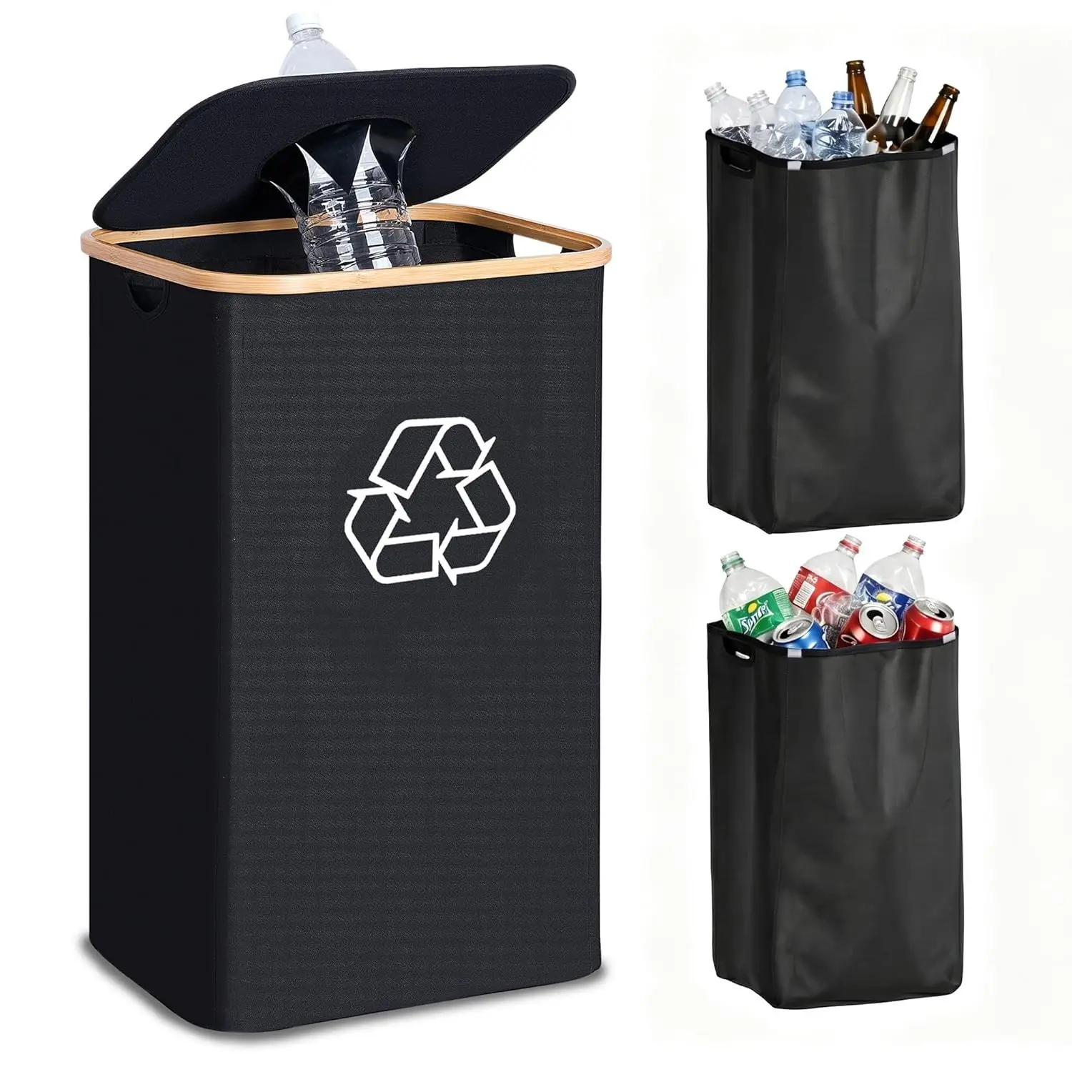 Recycling Bin for Kitchen 26 Gallon, 100L Recycle Bin with 2 Removeable and Reusable Inner Bag, Large Recycling bin with lid for Bottle Can Plastice Stickers (Black)