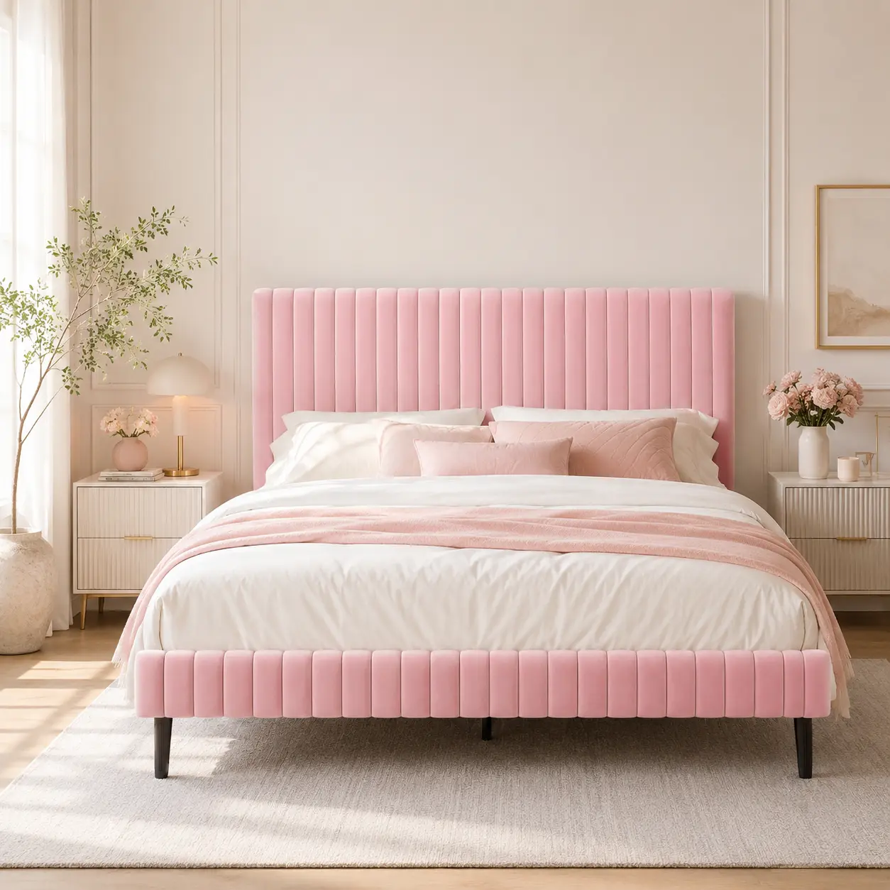 Double bed frame, upholstered bed frame with headboard and footboard; the headboard features vertical tufted detailing; available colors: white, black, pink, green, blue; available sizes: single bed, full-size bed, double bed, queen-size bed