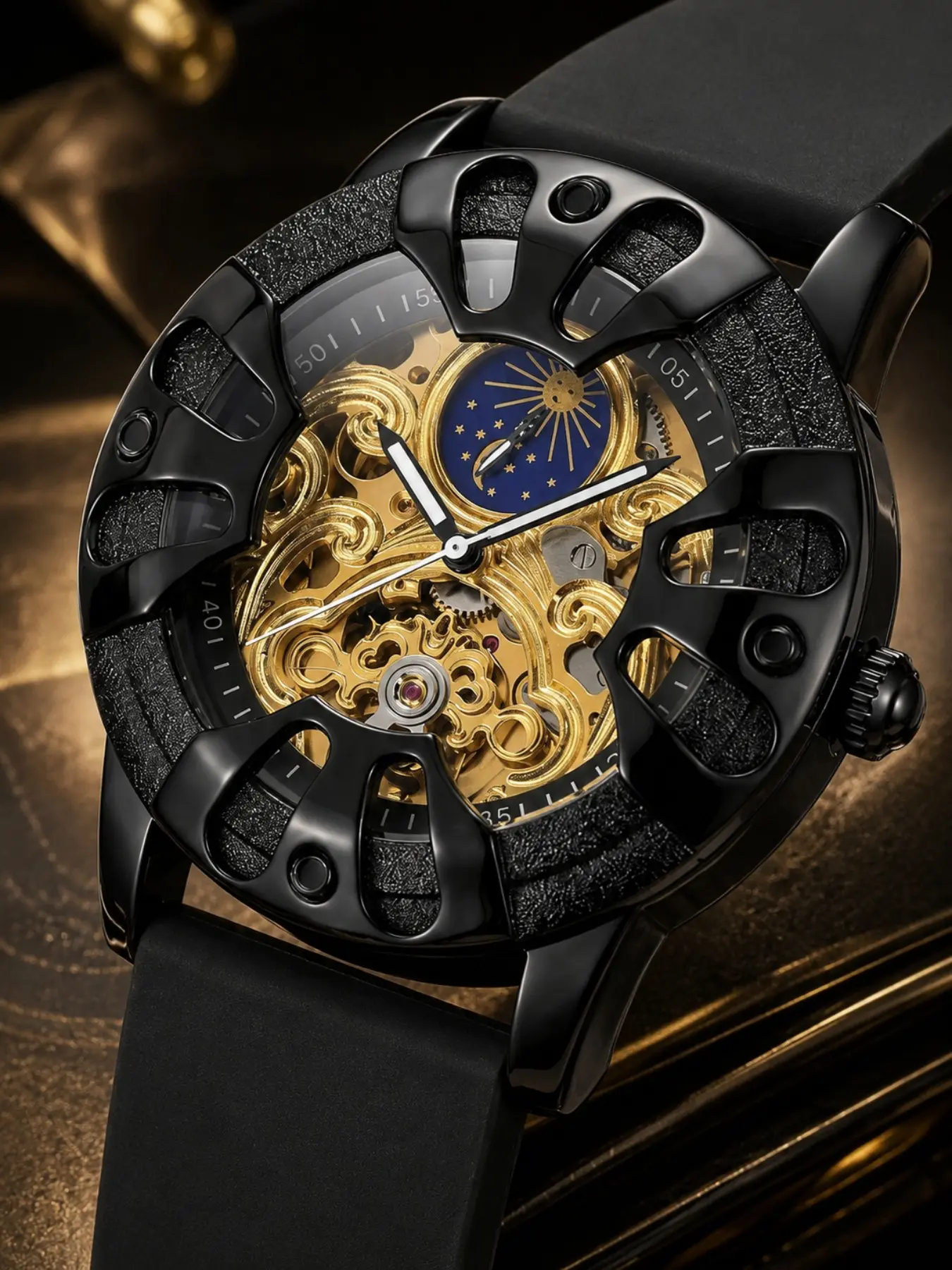 Men's Mechanical Watch with Moon Phase, Dial, Silicone Strap, Retro Design, All-Season Wear, Perfect for Gifts