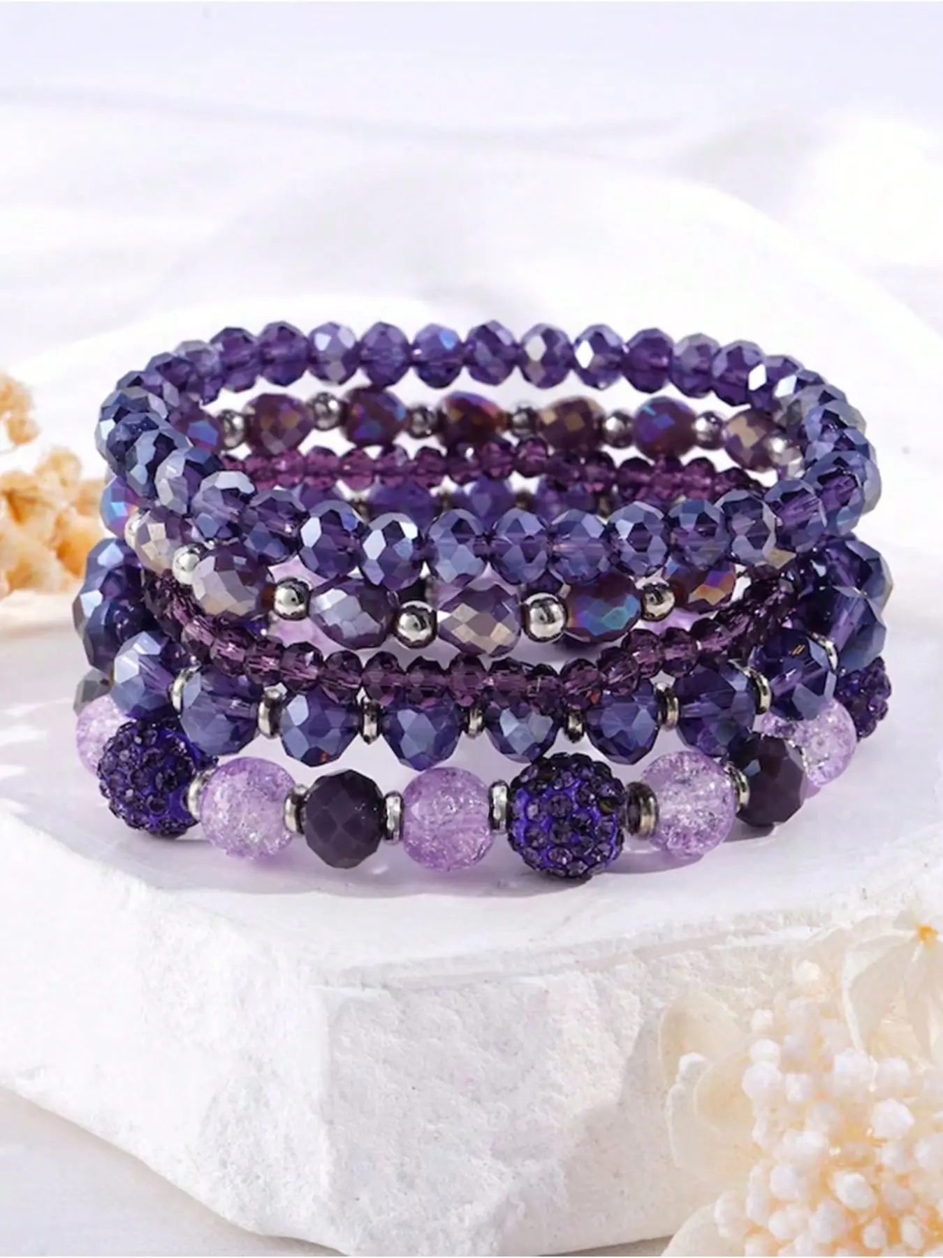 5 Pcs Amethyst Beaded Bracelet Set, Boho Style Elastic Choker, Dreamy Drilled Ball Soft Clay Jewelry, Birthday Gift